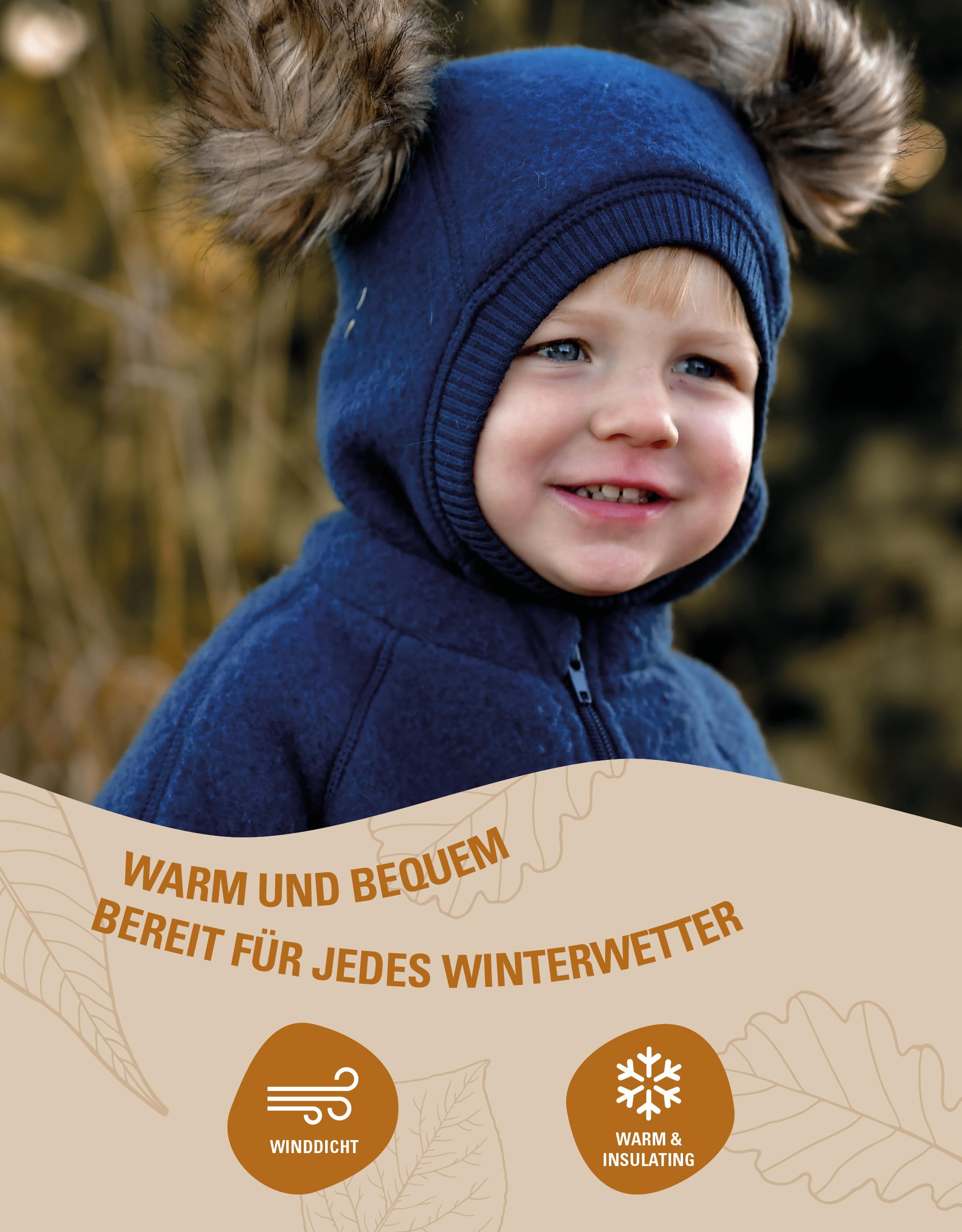 Mikk-line Schlupfmütze Baby Mit Pom Pom, Warme Sturmhaube, Wollmütze | 84% Merinowolle, wärmt ohne zu kratzen, temperaturregulierend, schützt Kopf, Hals & Nacken, abnehmbarer Pom-Pom, OEKO-TEX
