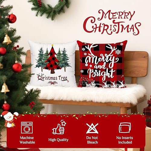 Miniatura 10 de Brightown Juego de 4 fundas de almohada rojas de Navidad de 18 x 18 pulgadas, decoración de Navidad, decoración de vacaciones de invierno, funda de