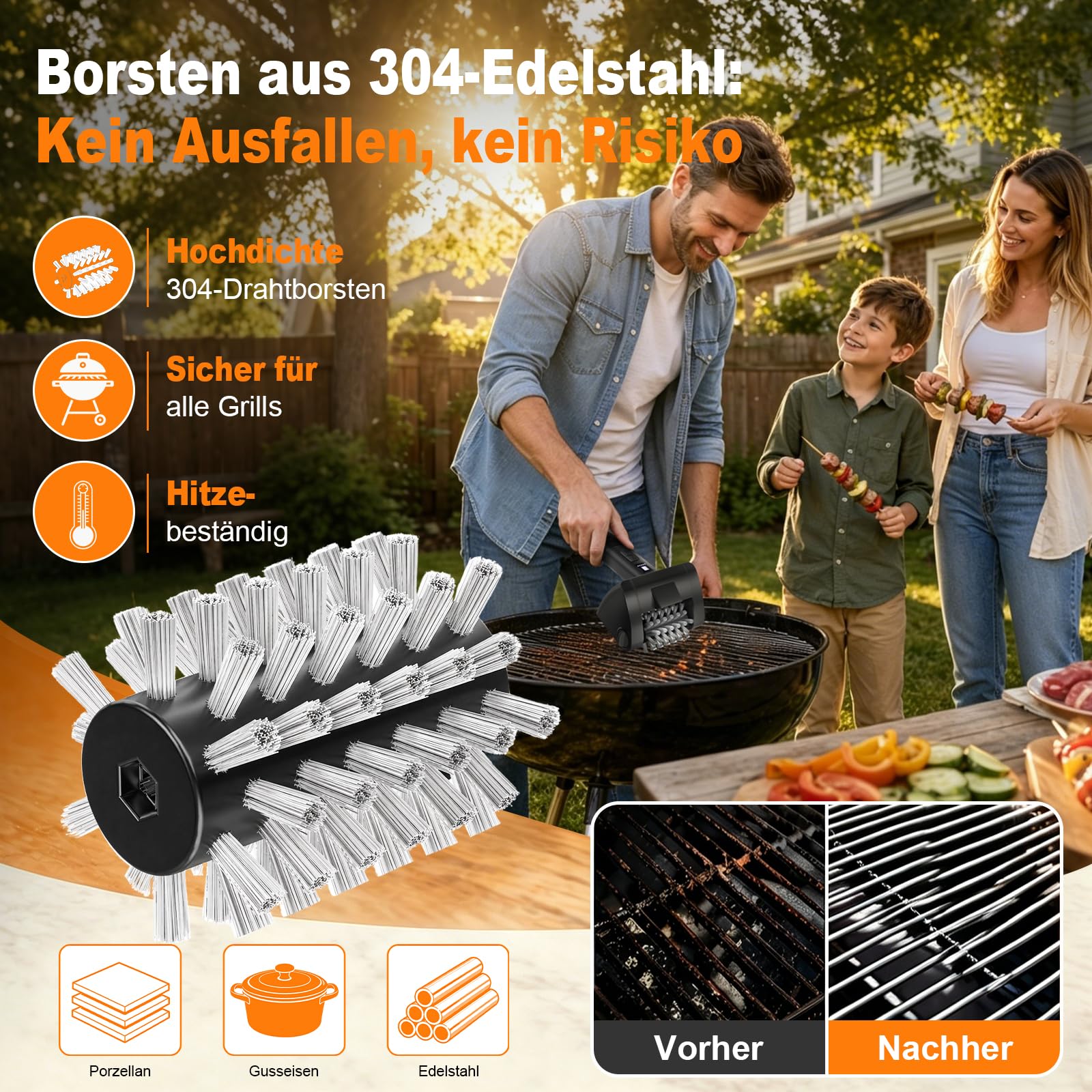 Elektrische Grillbürste Kabellos 4000mAh Akku 304 Edelstahl für Grillrost | Reinigungsbürste mit 2-Stufen Reinigung, 90 Min Laufzeit, LED-Licht, Wasserdicht und BBQ-Grillbürste für Männer