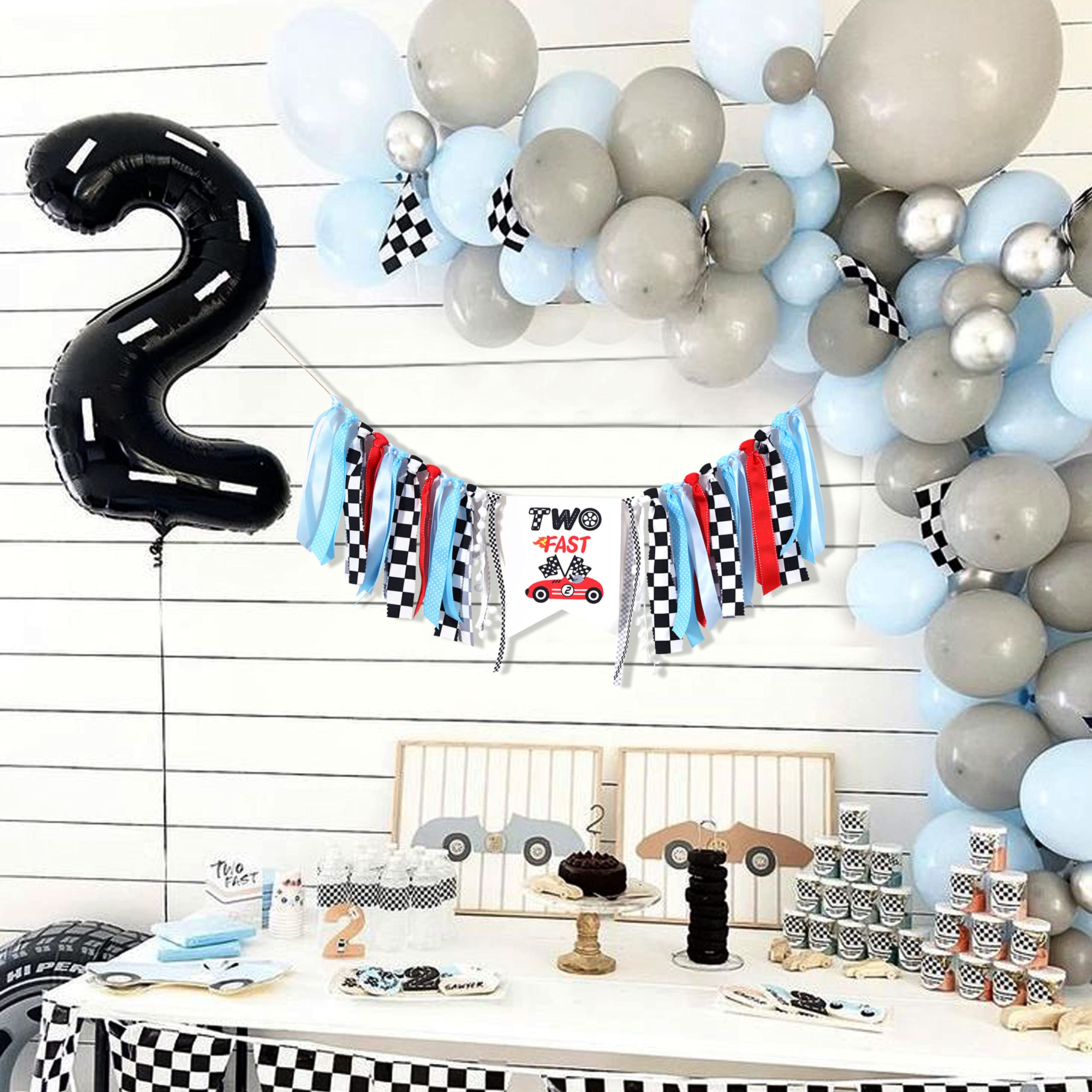 Race Car Two Fast Birthday Party Decorations, Racing Theme 2nd Birthday Decorations For Boys Include Banner Race Car Signs Cake Toppers Checkered Balloons For Two Fast Birthday