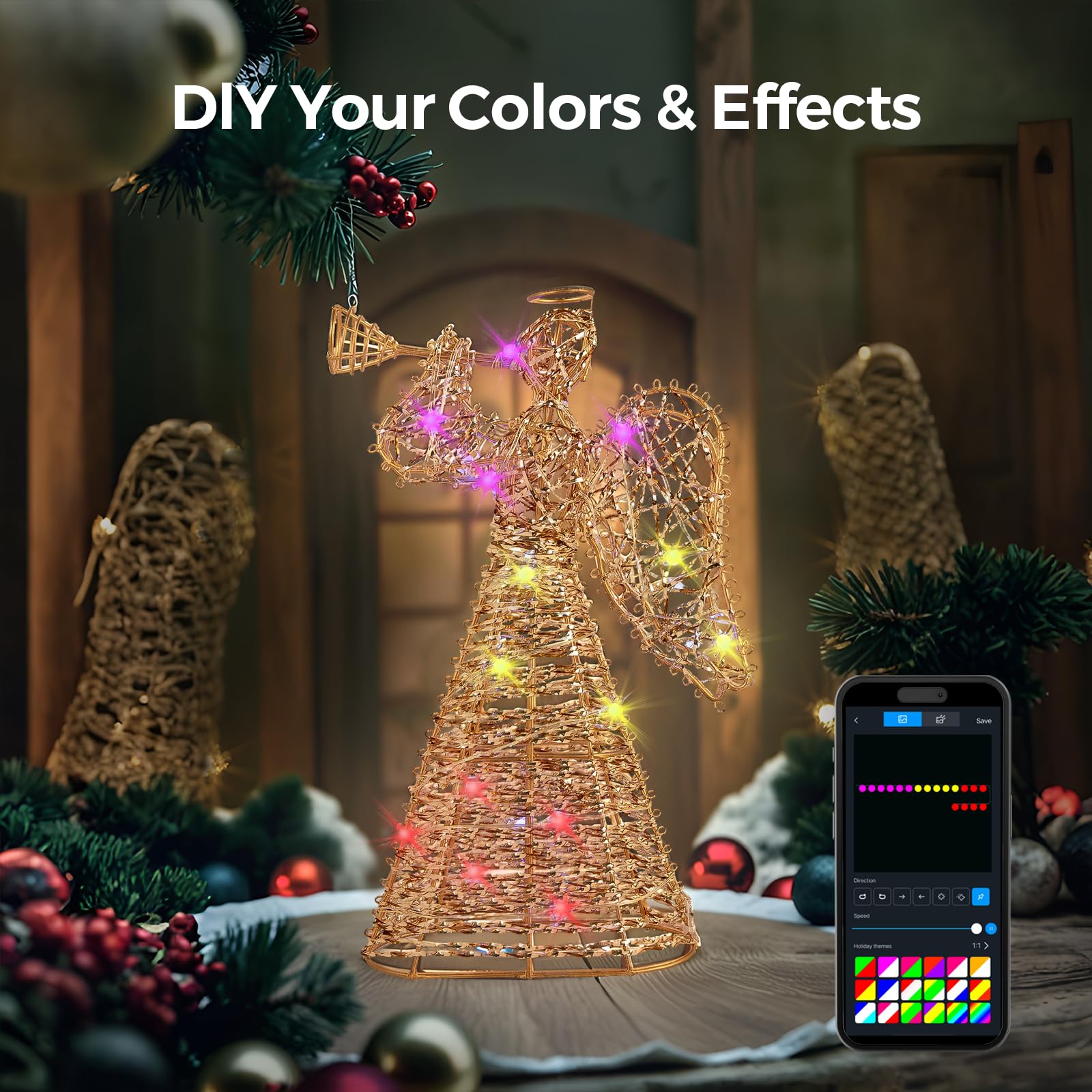 Brave Dream - Puntale per albero di Natale, 28 cm, RGB, con timer, controllo app, alimentazione USB, sincronizzazione musica, puntale per interni, decorazione per feste e vacanze