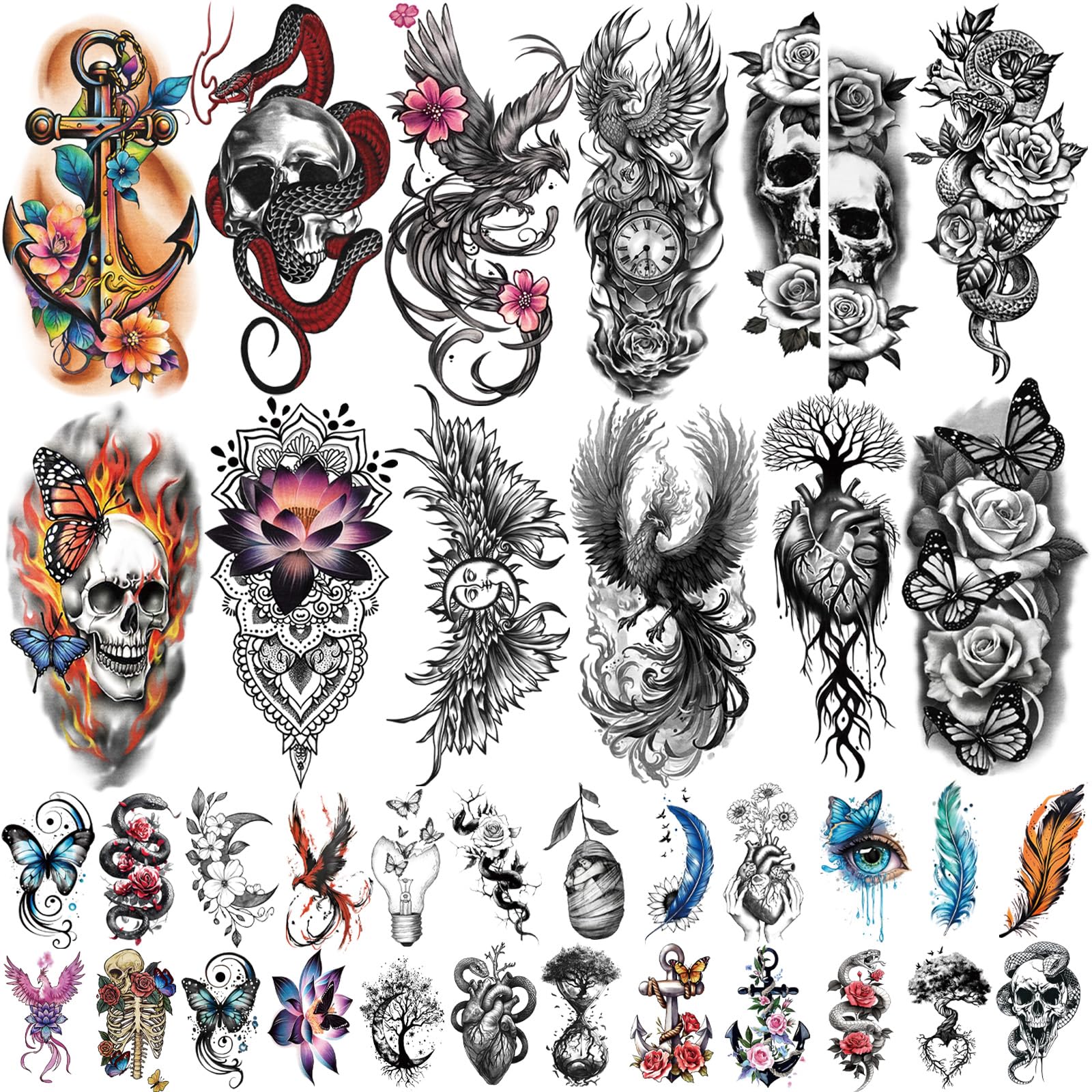 77 Sheets Temporary Tattoo for Women Men, 17 Sheets Half Arm Snake Skull Butterfly Fake Tattoos, 60 Sheets Cat Feater Wings Tiny for Adult Kids Party