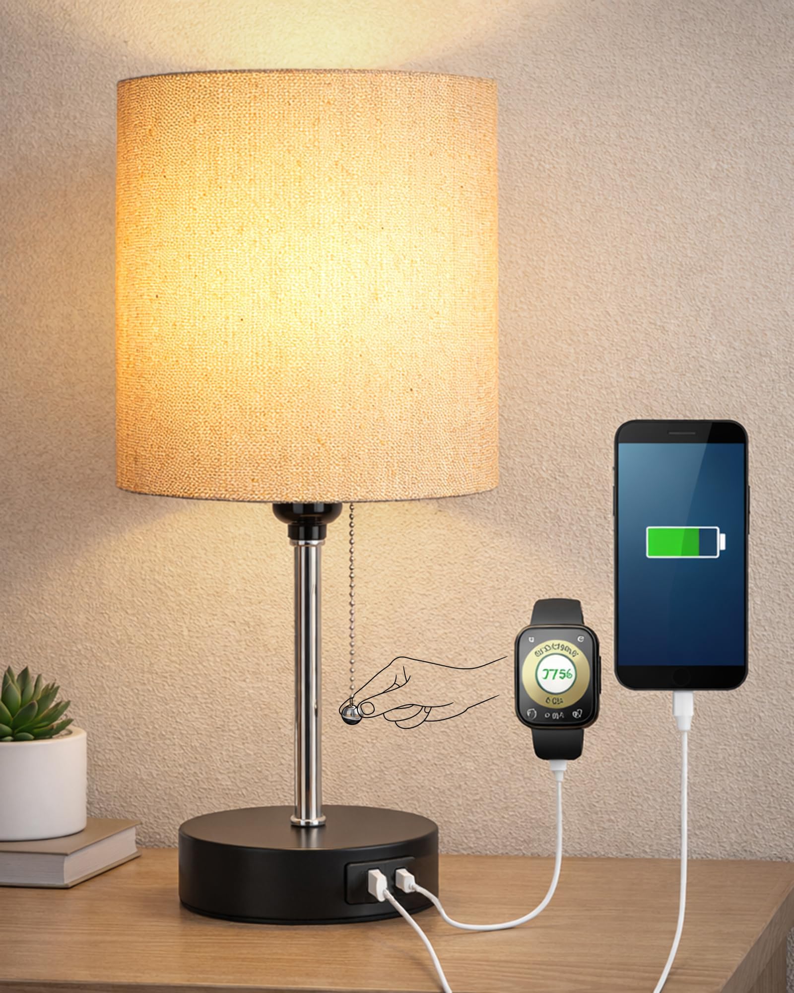 Homesake® Bedside Lamp for Bedroom Nightstand Table Light with USB A | C Charging Port, 3 Color Temperatures Pull Chain Light, Side Table Desk Reading Lamp, Living Room Gift, (Jute Cylinder)