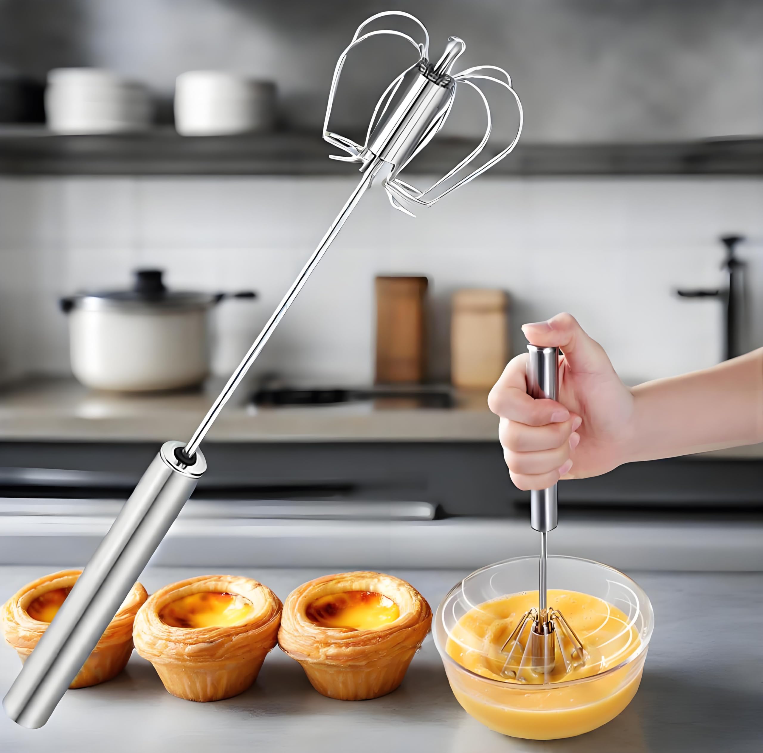 2025 Upgraded 13Inch Semi-Automatic Whisk - Food Grade 304 Stainless Steel Hand Mixer Effortless Egg Beater for Baking