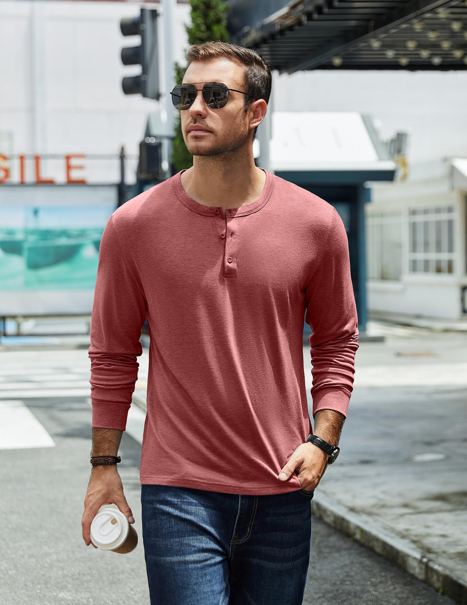 COOFANDY Henley, maglietta da uomo a maniche lunghe, casual, leggera, morbida, elasticizzata, basic