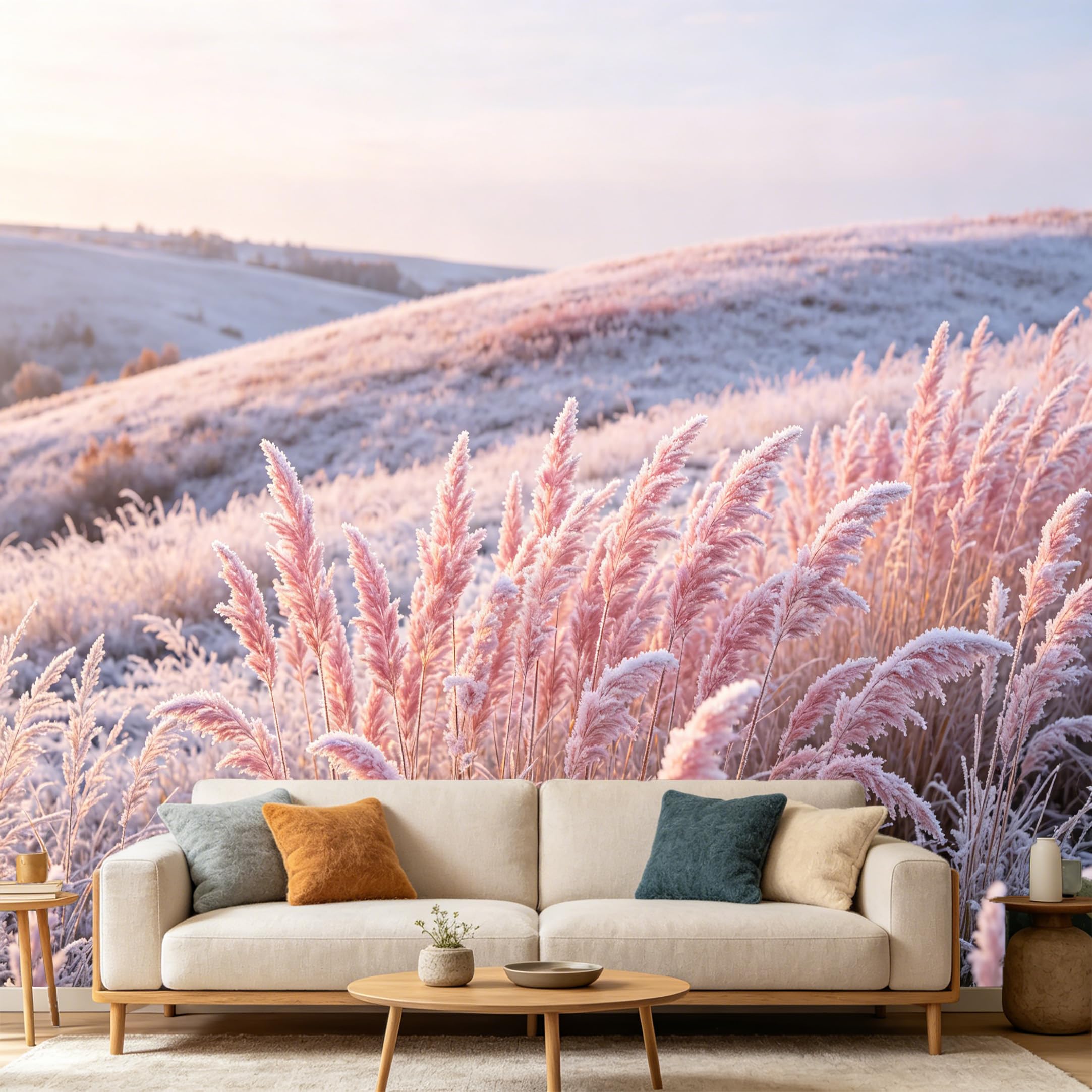 Custom Size Wall Mural Winter Frosty Landscape Frozen Pink Field Morning Sunlight，SelfAdhesive Art Prints wall Fabric（No PVC） Removable Wallpaper Home Bedroom Decor