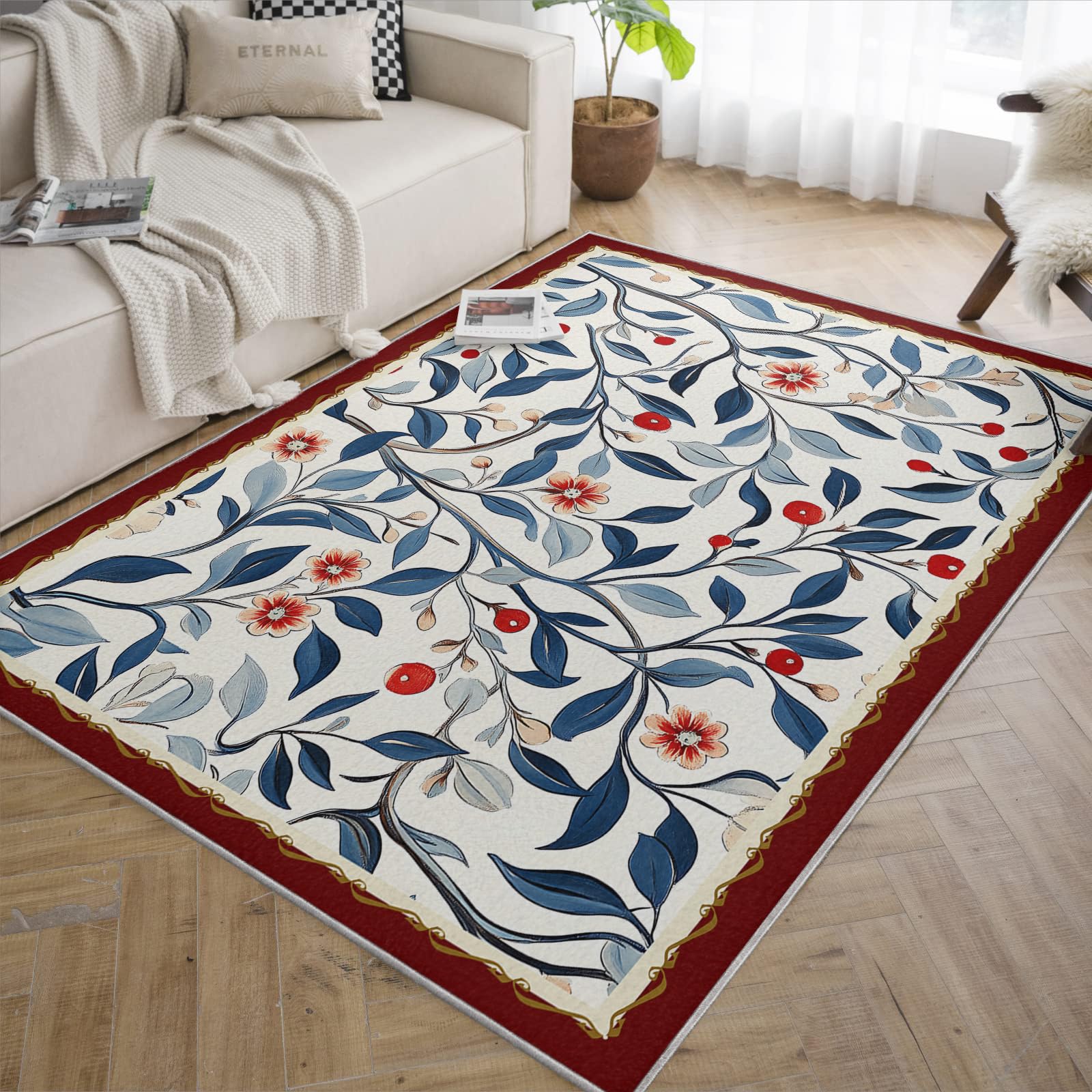 Tapis bleu marine 140x200 cm lavable et moderne à motif feuille