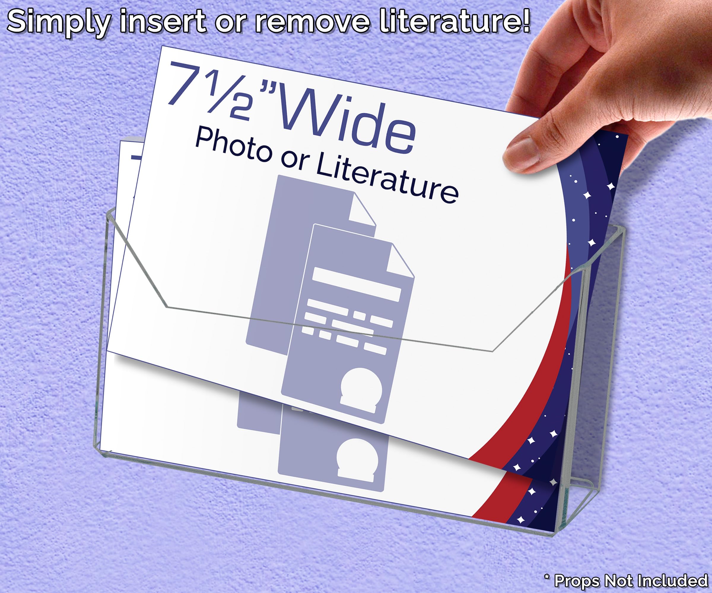 Marketing Holders 4 Pack 7.5”W Brochure Organizer Pamphlet Maps Menu Slant Back Clear Acrylic Postcard Display Stand Counter or Wall Mount Catalogs Booklets Includes Hanging Hardware