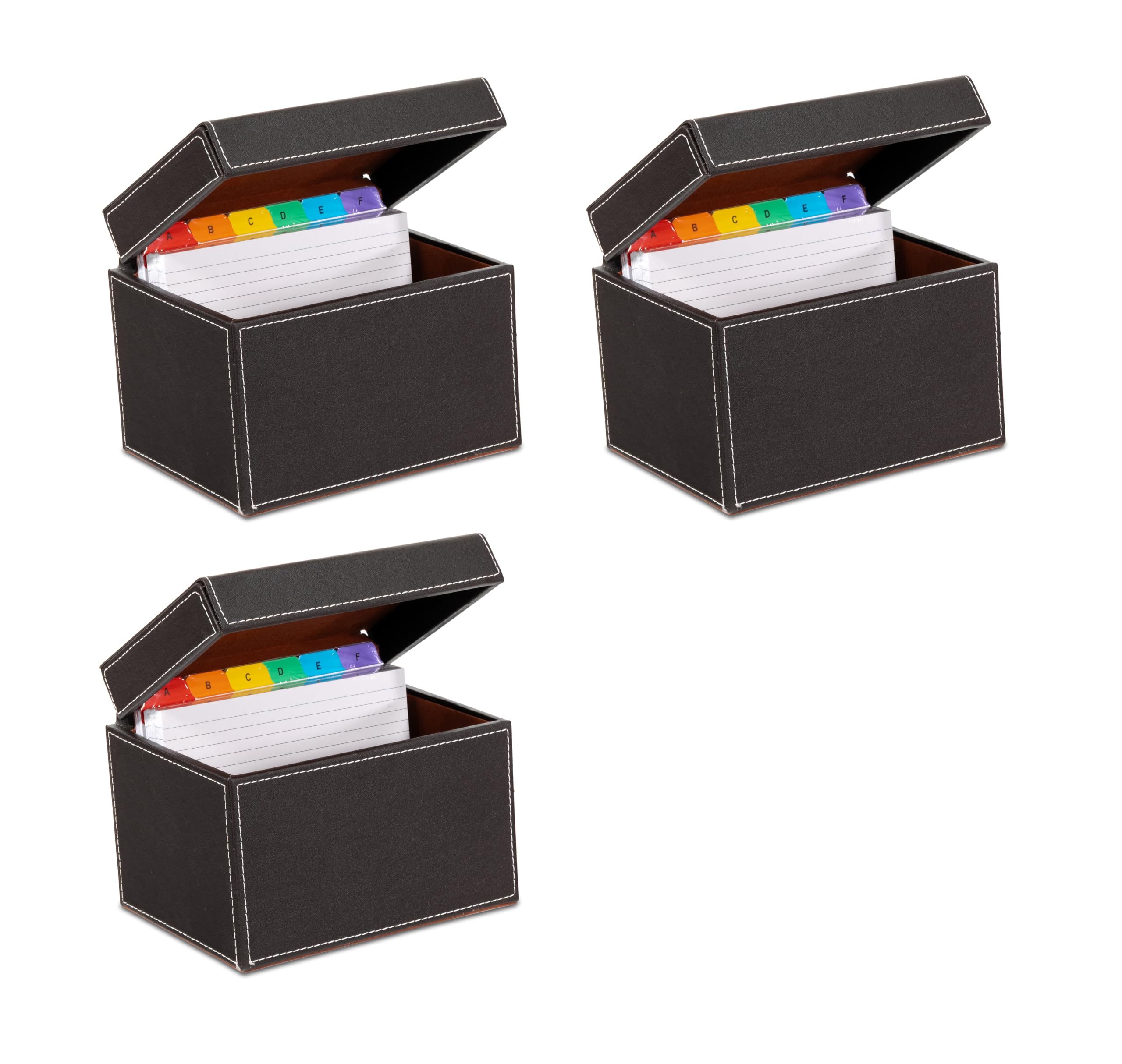 OSCO Brown Faux Leather Index Box, 3 Pack, A to Z Divider Tabs, 100 Lined Note Cards, Ruled Revision Flash Card, Recipe Notes, Office Contacts, Desktop Organiser, Holds 6" × 4" Cards (148 × 105 mm) — image 1
