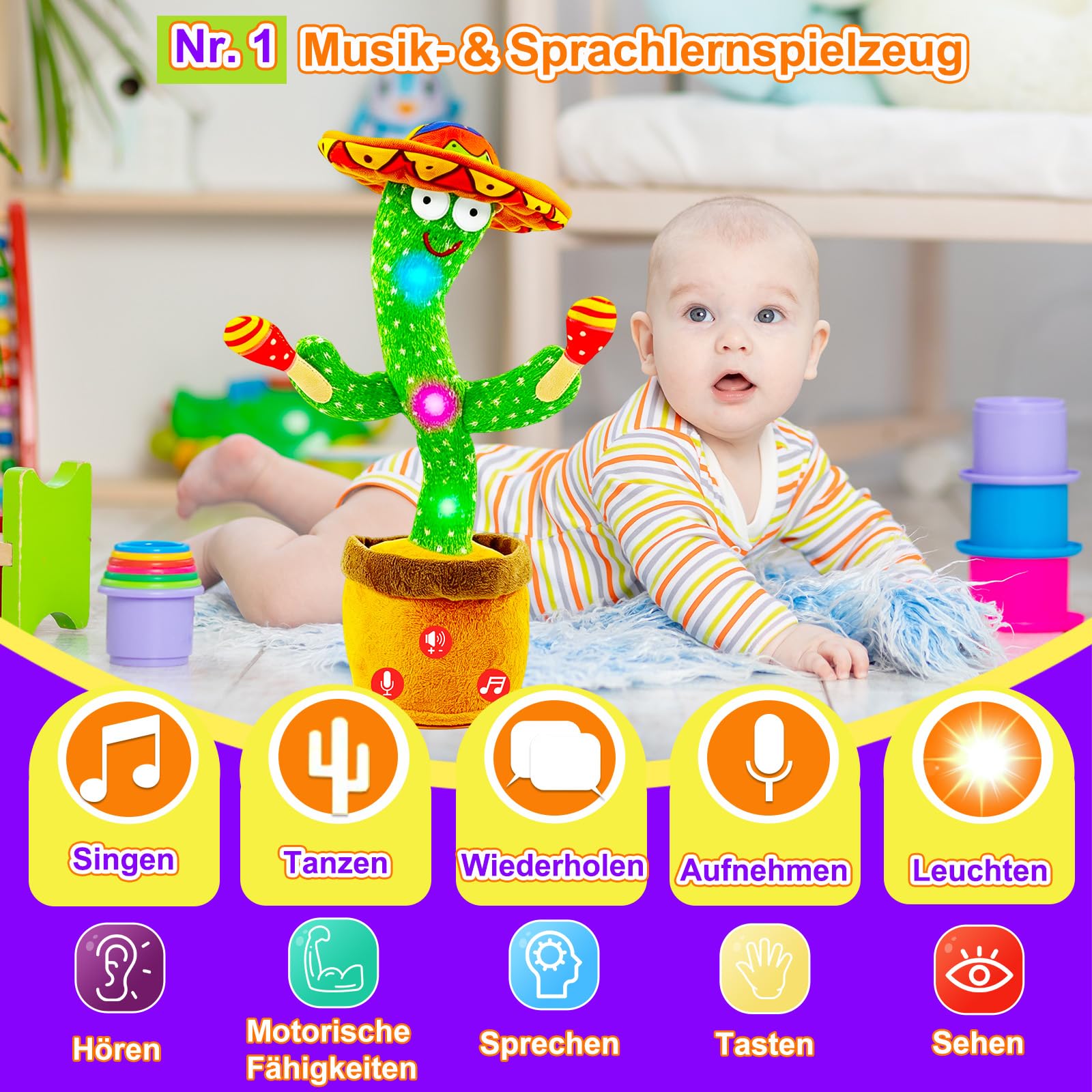 Tanzender Sprechender Kaktus Baby Spielzeug, Lautstärke einstellbar, Nachahmend Singend Wiederholend, Interaktives Plüsch-Babyspielzeug/Geschenk für Jungen Mädchen (Kaktus Trommel Akku)