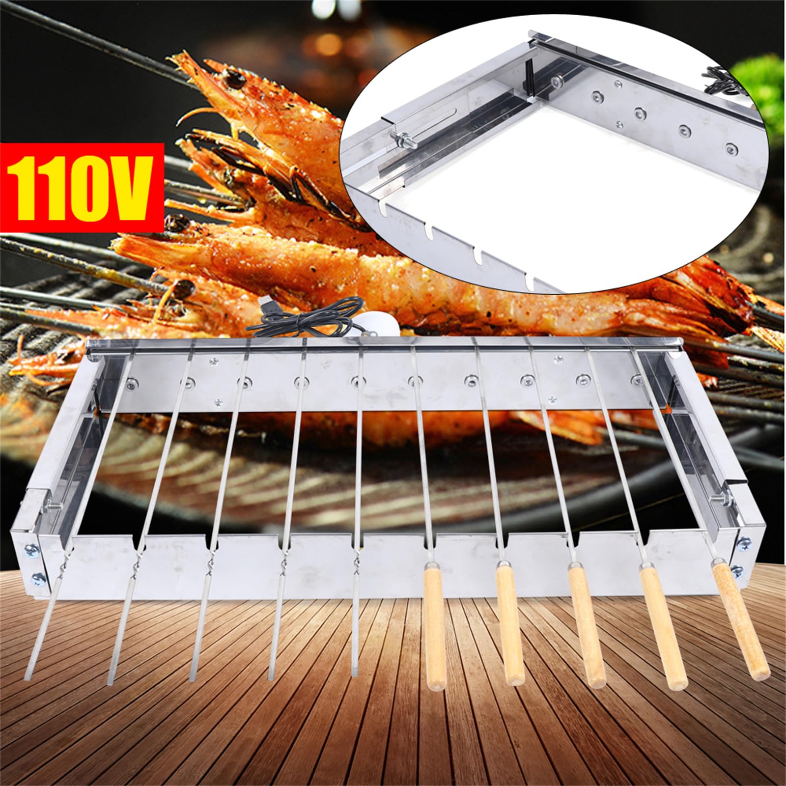 LIAPDG 10 Holes Automatic Rotating Skewer Turner, Outdoors Portable Automatic BBQ Flipping Rotating Rotisserie Grill Skewer Shelf Stainless Steel Adjusted Width Plate Thickness about 0.8 MM Silver