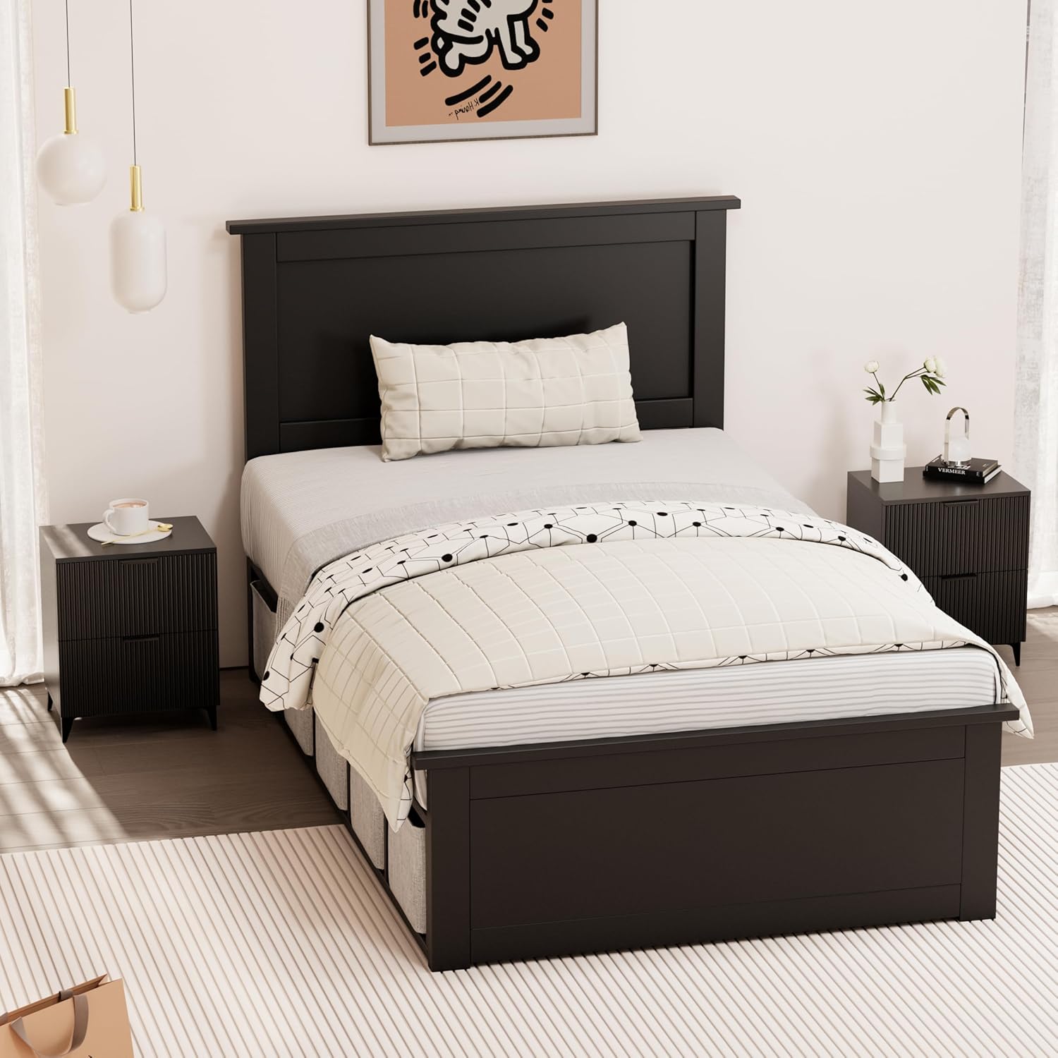 Royal Windsor Small Night Stand Set of 2, Fluted Nightstand with 2 Drawers, Side End Table with Storage, Modern Night Stand Bedside Table for Bedroom Full Size Bed, Black