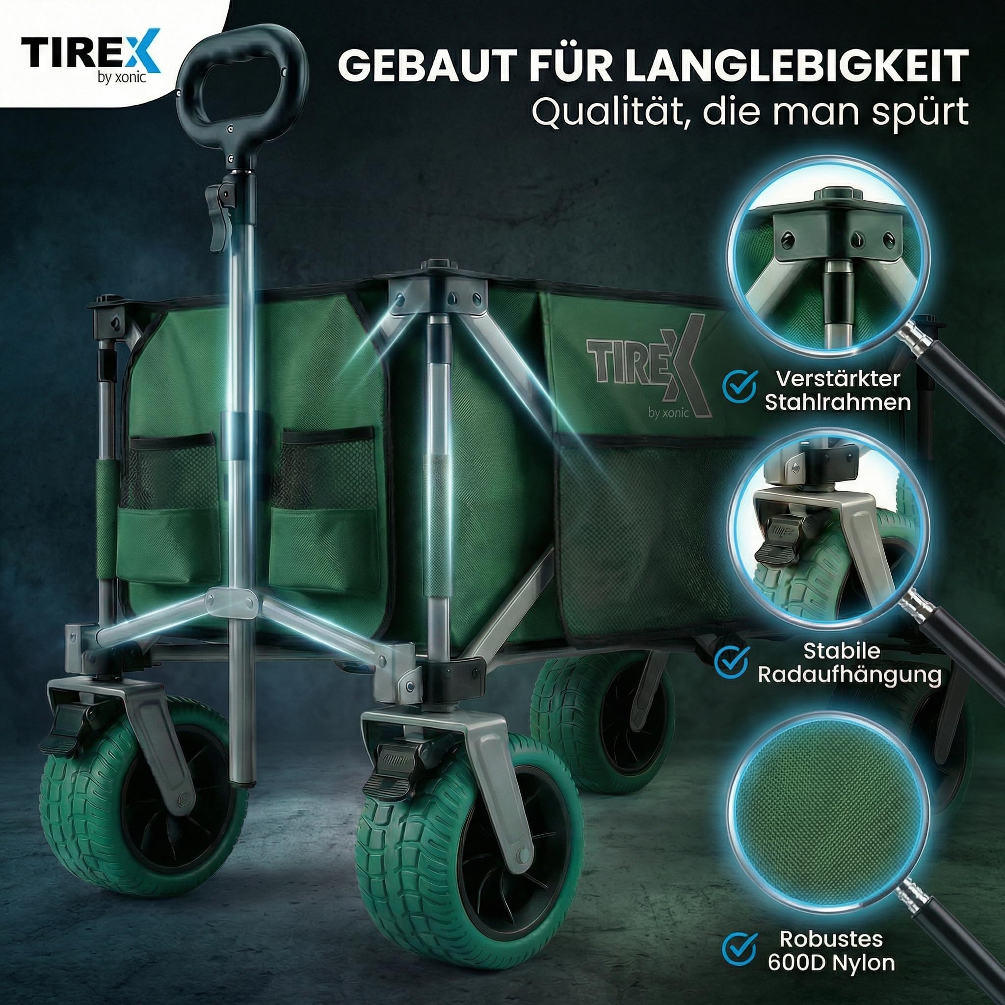 TIREX by xonic® Bollerwagen Faltbar PU XL Rädern aus Vollgummi – Strand & Garten Faltbarer verstellbarem Griff & Fußbremse – Robuster Transportwagen für Kinder & Camping (PU XL Räder, Grün)