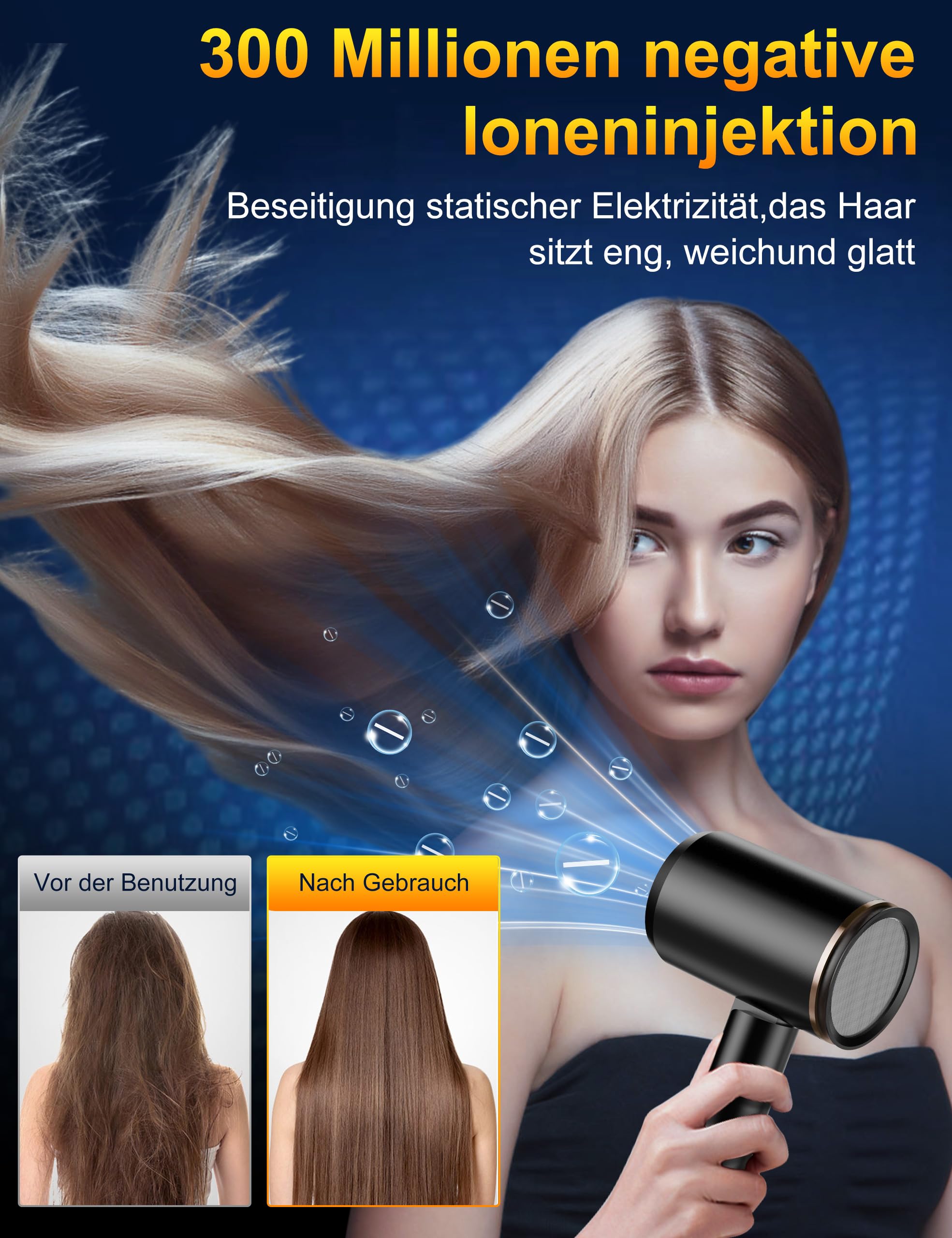 Föhn AC Motor 2400W Klappbar Ionen Haartrockner,Profi Fön Reisefön mit Heiß-/Kalttaste, 3 Heiz, Schnelltrocknen Hair Dryer,Salon Haarföhn mit Diffusor & Aufbewahrungstasche (Schwarz)