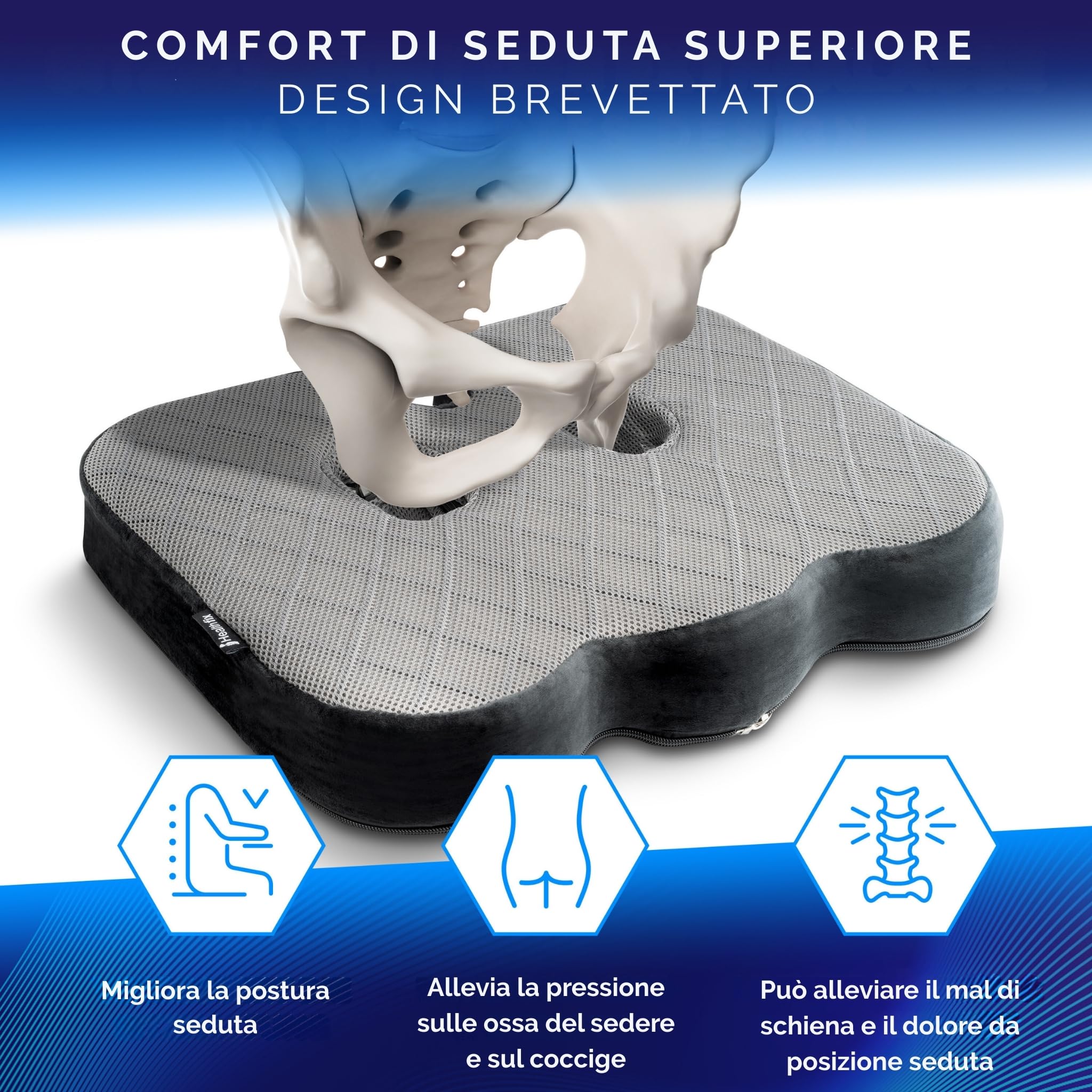 Healthfix® Cuscino Ortopedico Coccyx – Cuscino Seduta Memory Foam Ergonomico con Fodera Traspirante e Base Antiscivolo – Per Sedia Ufficio, Gaming, Sedile Auto e Casa