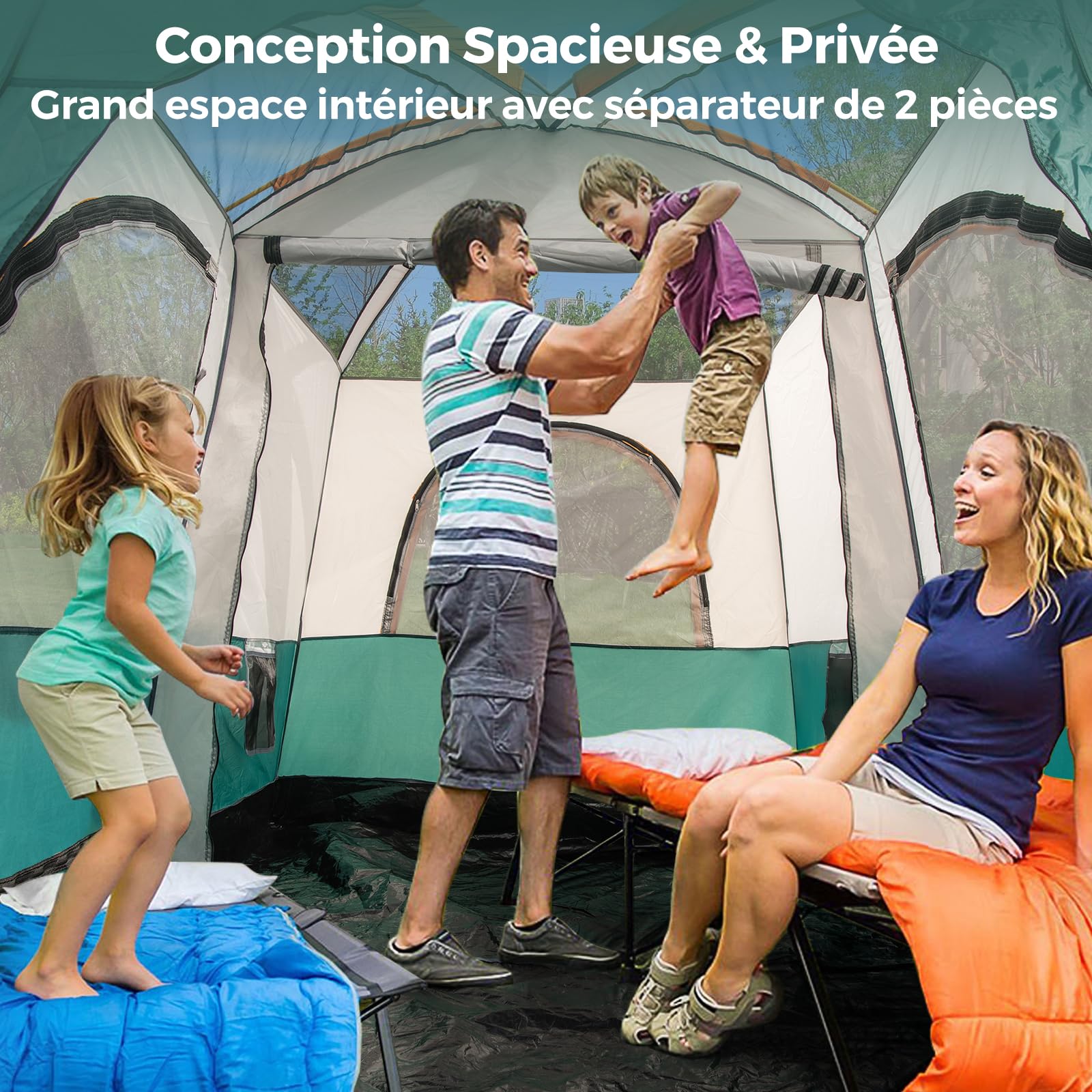 GYMAX Tente de Camping pour 4-6 Personnes, avec Grand Pare-Soleil Avant, Séparateur Intérieur de 2 Pièces, Fenêtre Maillée et 2 Portes Latérales Grillagées Enroulables