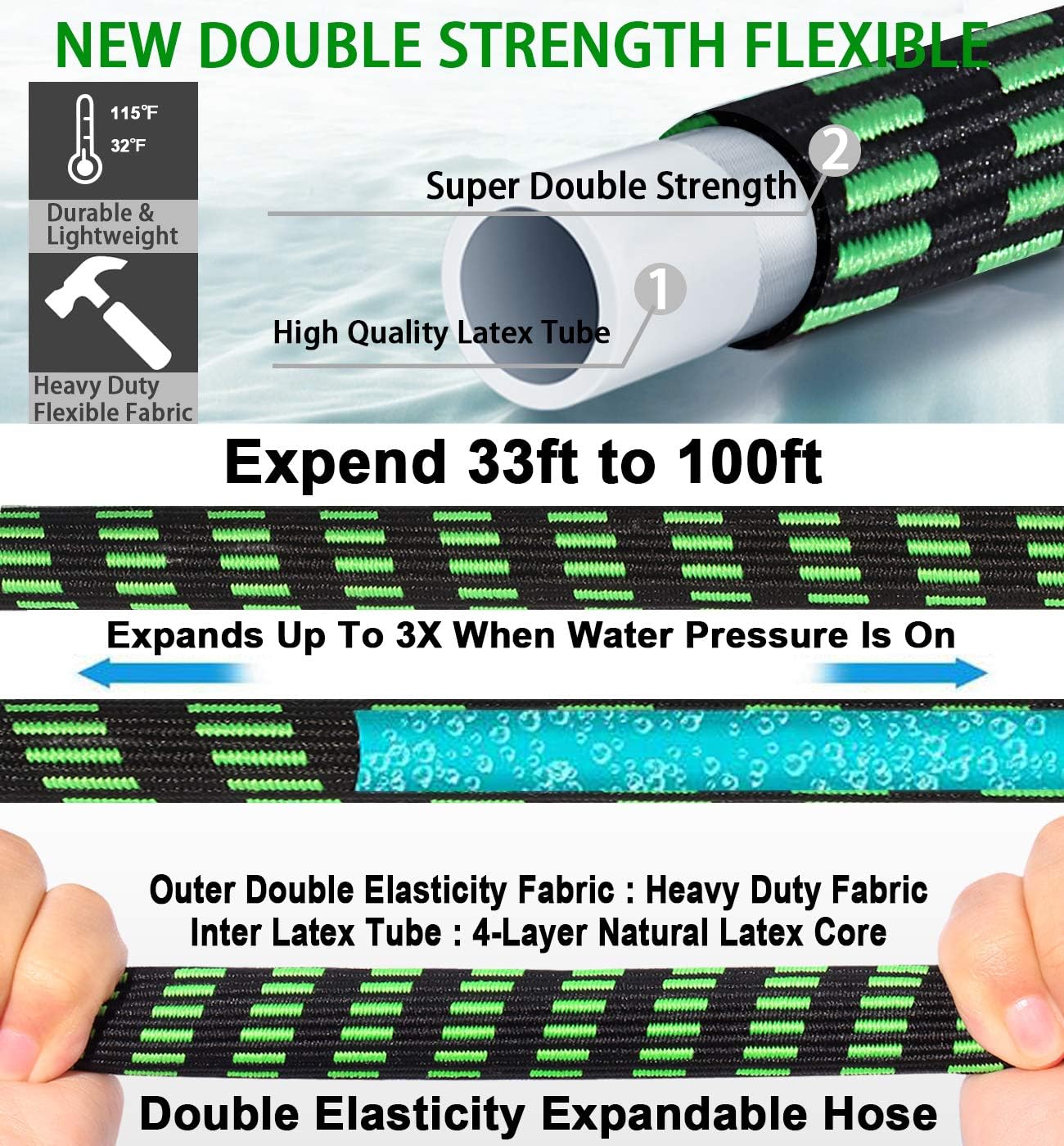 Expandable Garden Hose 100FT Water Hose with 10 Function Nozzle and Durable 4-Layers Latex, Extra Strength 3750D Flexible Hose with 3/4" Solid Brass Fittings and High Pressure Water Spray Nozzle Hoses