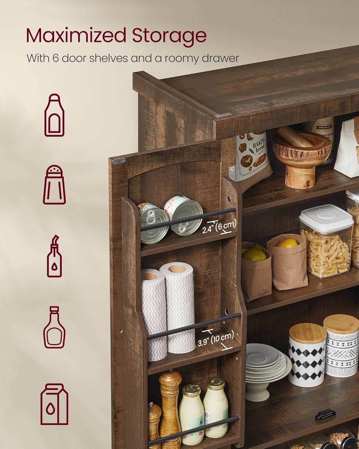 Detailed diagram of the VASAGLE Pantry Cabinet with all dimensions labeled in inches and centimeters, including internal shelf depths and overall height, width, and depth.