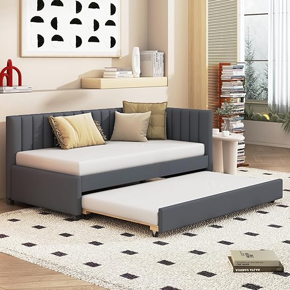 Merax Twin Size Daybed with Trundle, Upholstered Twin