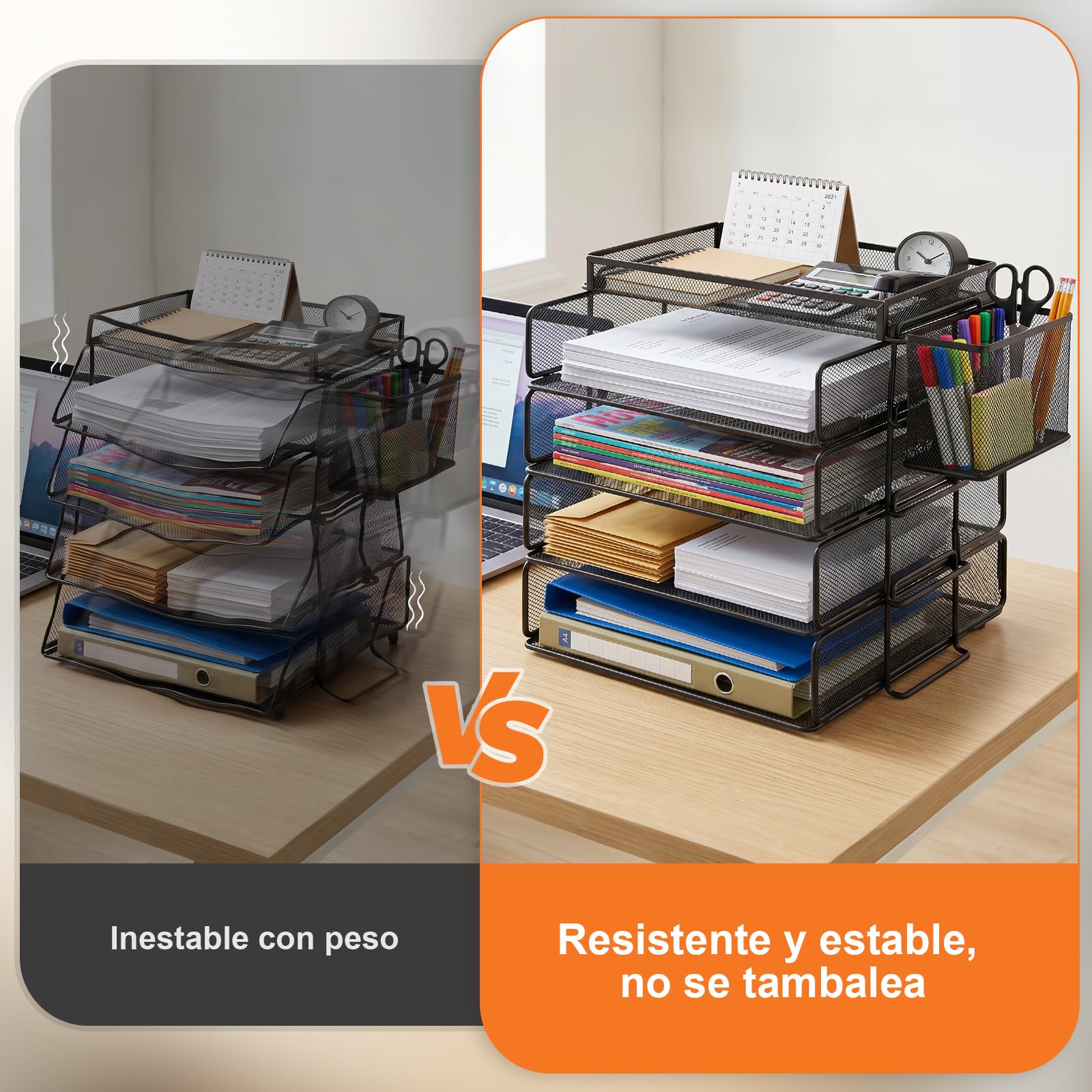 Estante apilable para Documentos A4, Organizador Escritorio con 4 bandejas y 1 portalápices, Apto para Documentos A4, Estante de Escritorio metálico, Estante de Escritorio (Negro)