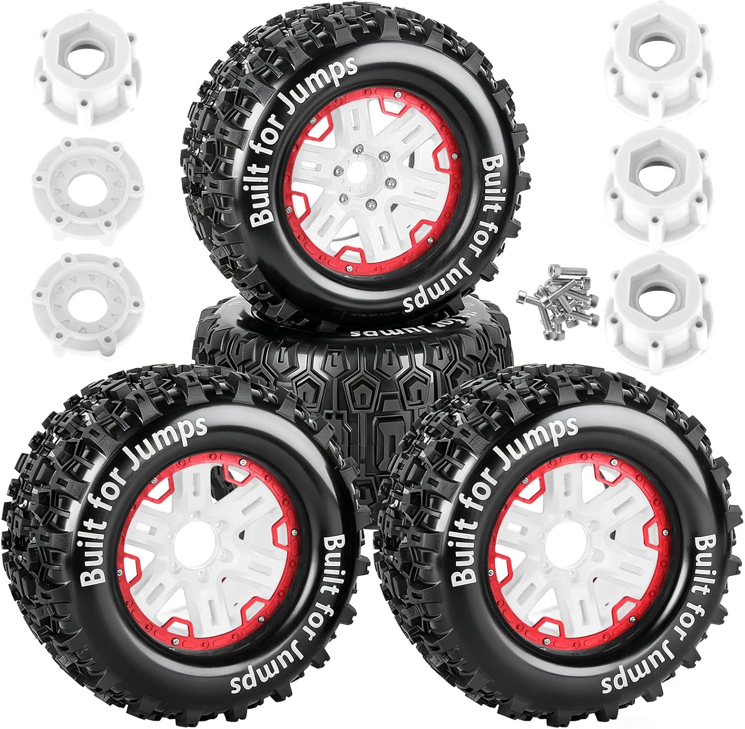 RC Wheels and Tires Set(4PCS) for 1/8 Monster Truck Tires,1/8 Traxx as/Arrm a 6S/Summi t/ERveo/Redc at/HPI JLB Cheetah RC Off-Road etc,17mm Hex Tire and Wheels/Plastic Rims,Red and White