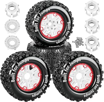 RC Wheels and Tires Set4PCS for 1/10 Kraton Outcast 4S/Maxx/T-Maxx/E-Revo/Summit RC Monster Truck etc,17mm Hex 1/8 1/10 Tires and Wheels/Plastic Rims,Red and White