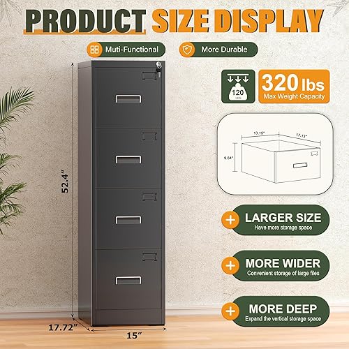 Miniatura 3 de Greenvelly Archivador negro con 4 cajones, archivador vertical de 18 pulgadas de profundidad con cerradura, archivador de bloqueo para oficina en