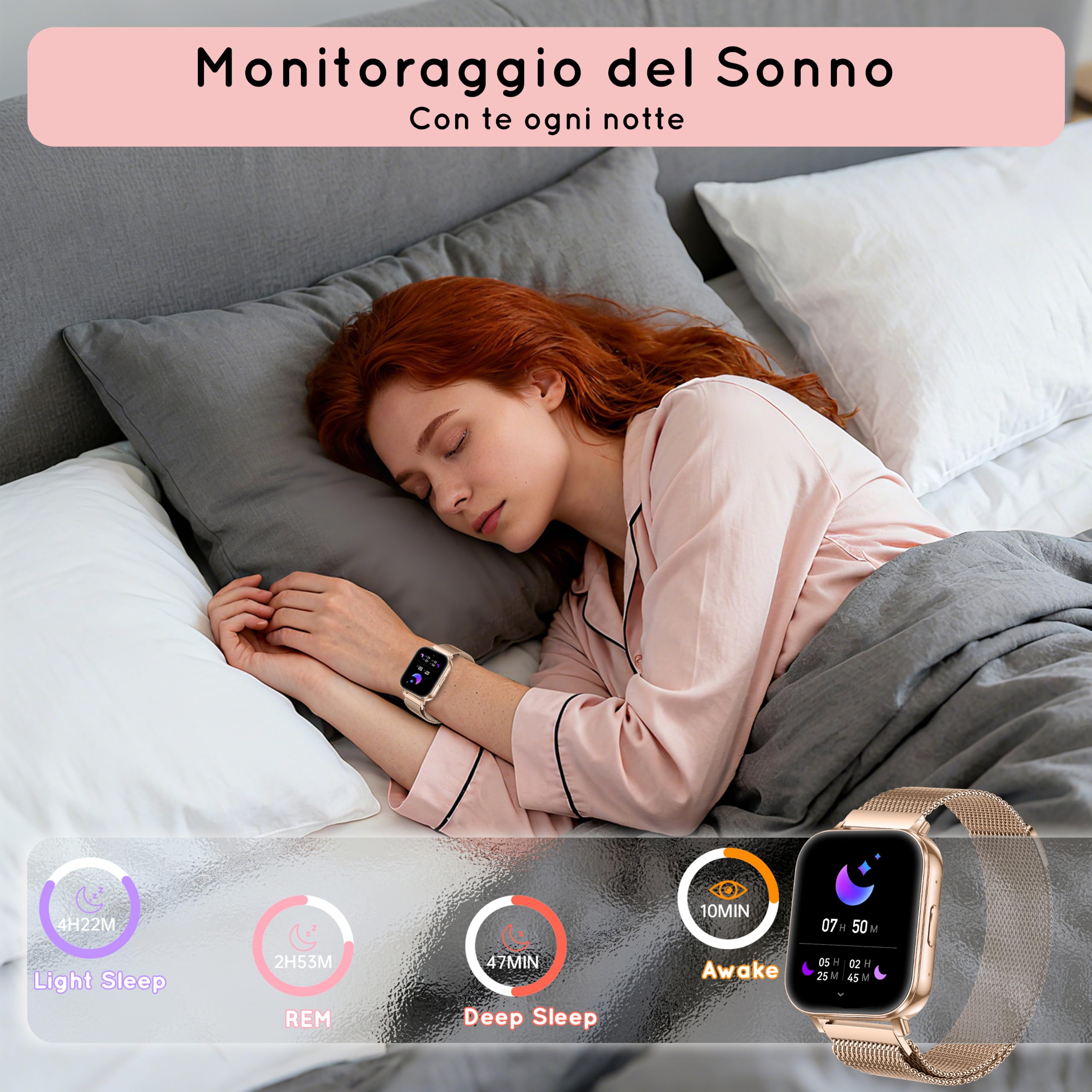Smartwatch Damen, 1,85" Orologio 30+ Giorni di Autonomia Effettua/Risposta Chiamate con Frequenza/SpO2/Sonno 120+ Sportive Fitness Tracker Smart Watch per iOS Android, Roségold/1000mAh