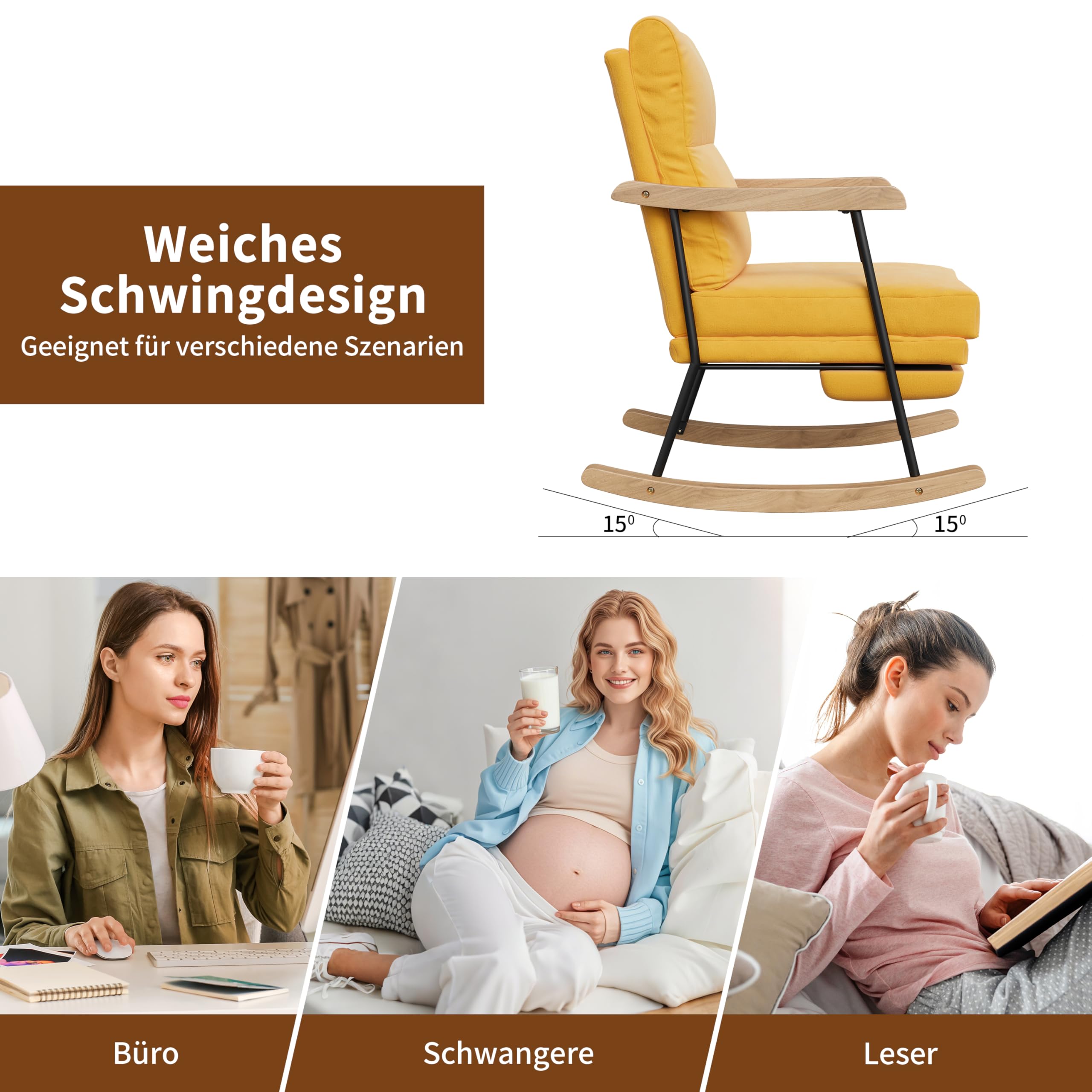 KeepGoon Chaise à Bascule, Fauteuil à Bascule avec Dossier, Repose-Pieds Coulissant, Fauteuil de Relaxation, pour Salon, Chambre à Coucher, Tissu en Coton et Lin (Jaune)