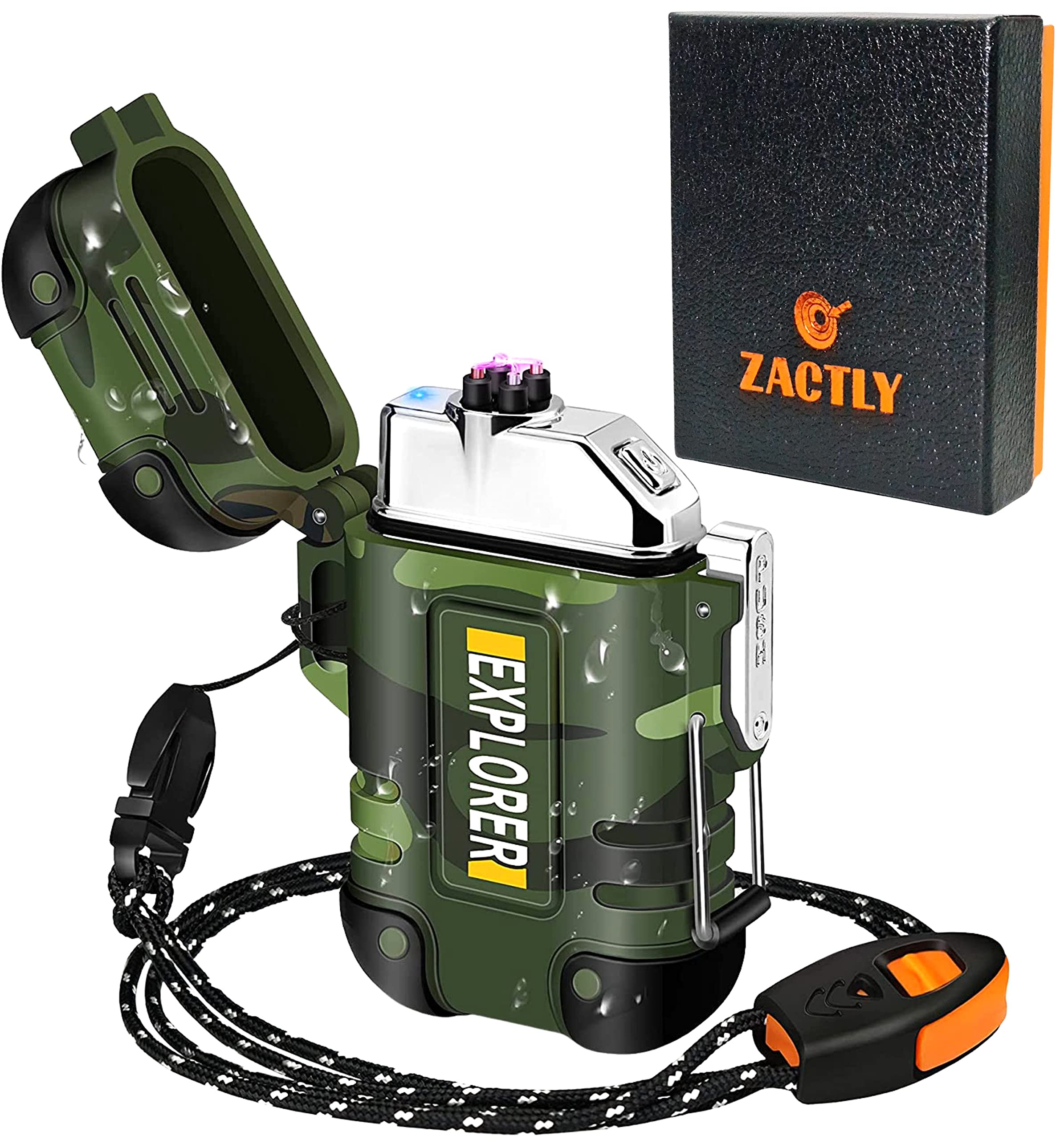 Zactly MODEL AL03 Electric Dual Arc USB Lighter Multifunction Waterproof Windproof Dustproof Rechargeable with Lanyard & Emergency Whistle, Kitchen, Camping & Outdoor Survival Tool (Camouflage)