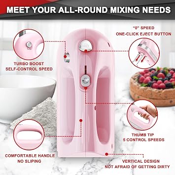 Lord Eagle Hand Mixer Electric Whisk, 400W Power Handheld Mixer for Baking Cake Egg Cream Food Beater, Turbo Boost/Self-Control Speed + 5 Speed + Eject Button + 5 Accessories, Pink | Handheld Mixer for Egg Cream Food Beater, Turbo Boost/Self-Control Speed + Eject Button + 5 Accessories, Pink