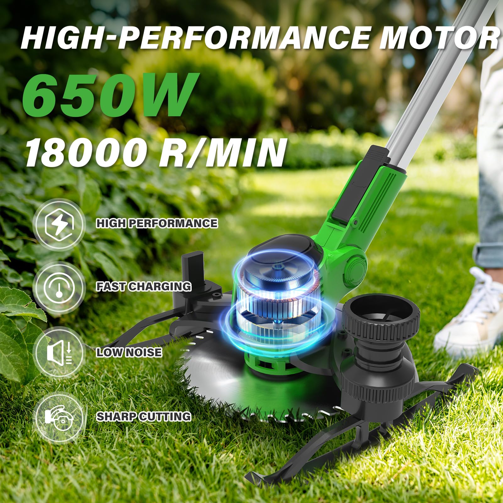 Desbrozadora Bateria 21V, Desbrozadora Electrica con 2x3.0Ah Baterías y Cargador, 3 En 1 Cortabordes Bateria con Mango para Césped, Arbustos y Maleza (Verde)