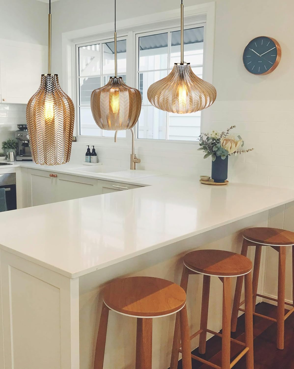 Retro Vintage Amber Glass Pendant Lights Cage Shade with Gold Rod Farmhouse Pendant Hanging Lamp (B)