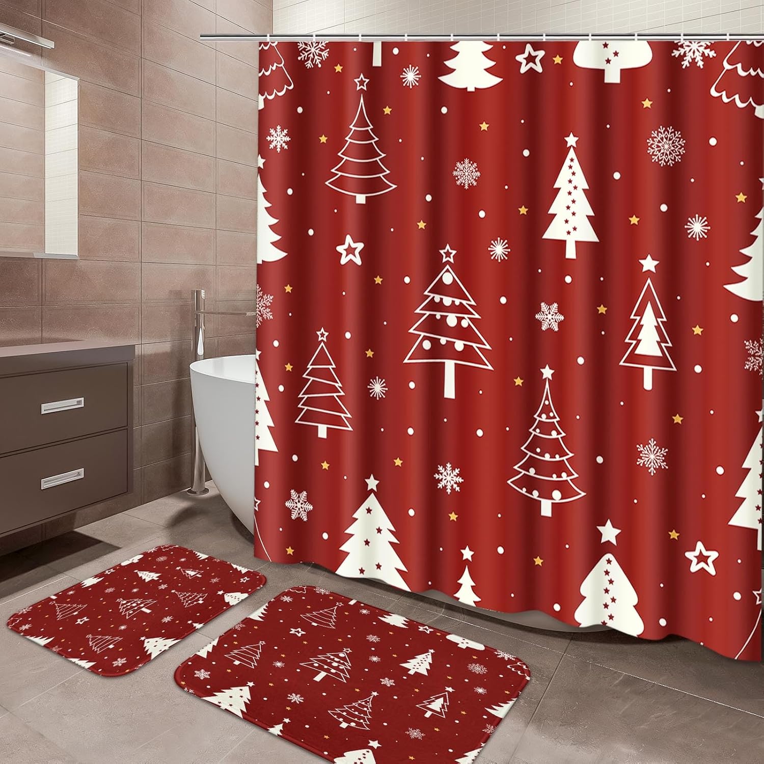 Merry Christmas Bathroom Sets with Shower Curtain and Rugs