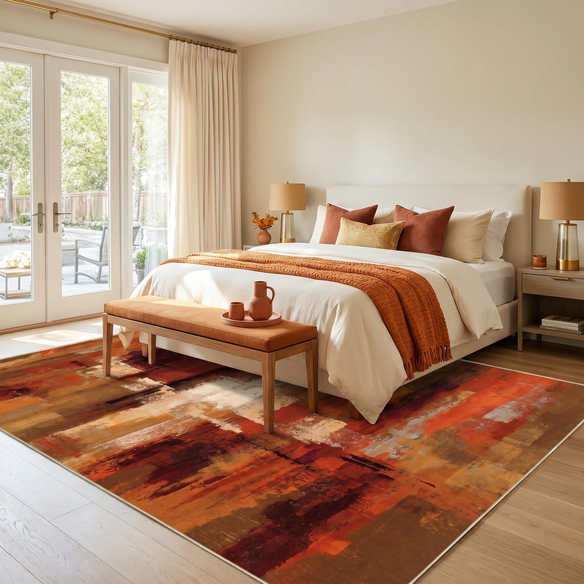 Tapis Poil Ras Salon Moderne Doux Moquette Chambre Grand 200x300cm Lavable Descente De Lit Marron Orange pour Cuisine, Salle à Manger, Bureau Couloir-Tapis Multicolore