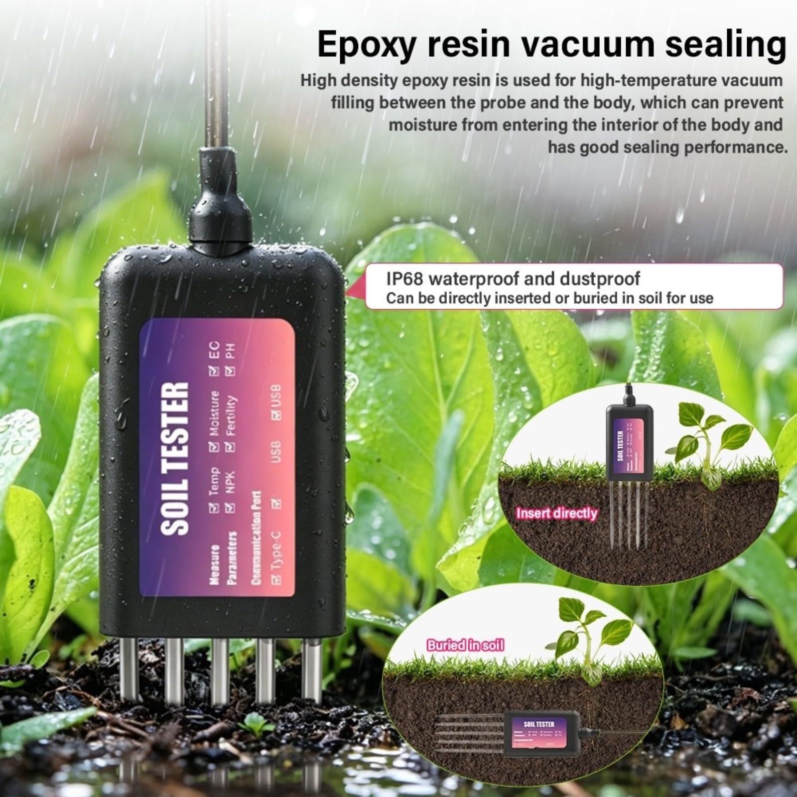 1 paquete para probador inteligente de suelo NPK medidor de temperatura de humedad pH para monitoreo de granja de jardín datos en tiempo real IP68 impermeable negro