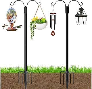 Ottsuls Bird Feeder Pole, 2 Pack 76 INCH Double Shepherds Hooks for Outdoor, with 5 Base Prongs Heavy Duty Tall Garden Planter Hooks for Hanging Flower Basket, Lantern, Hummingbird Feeder
