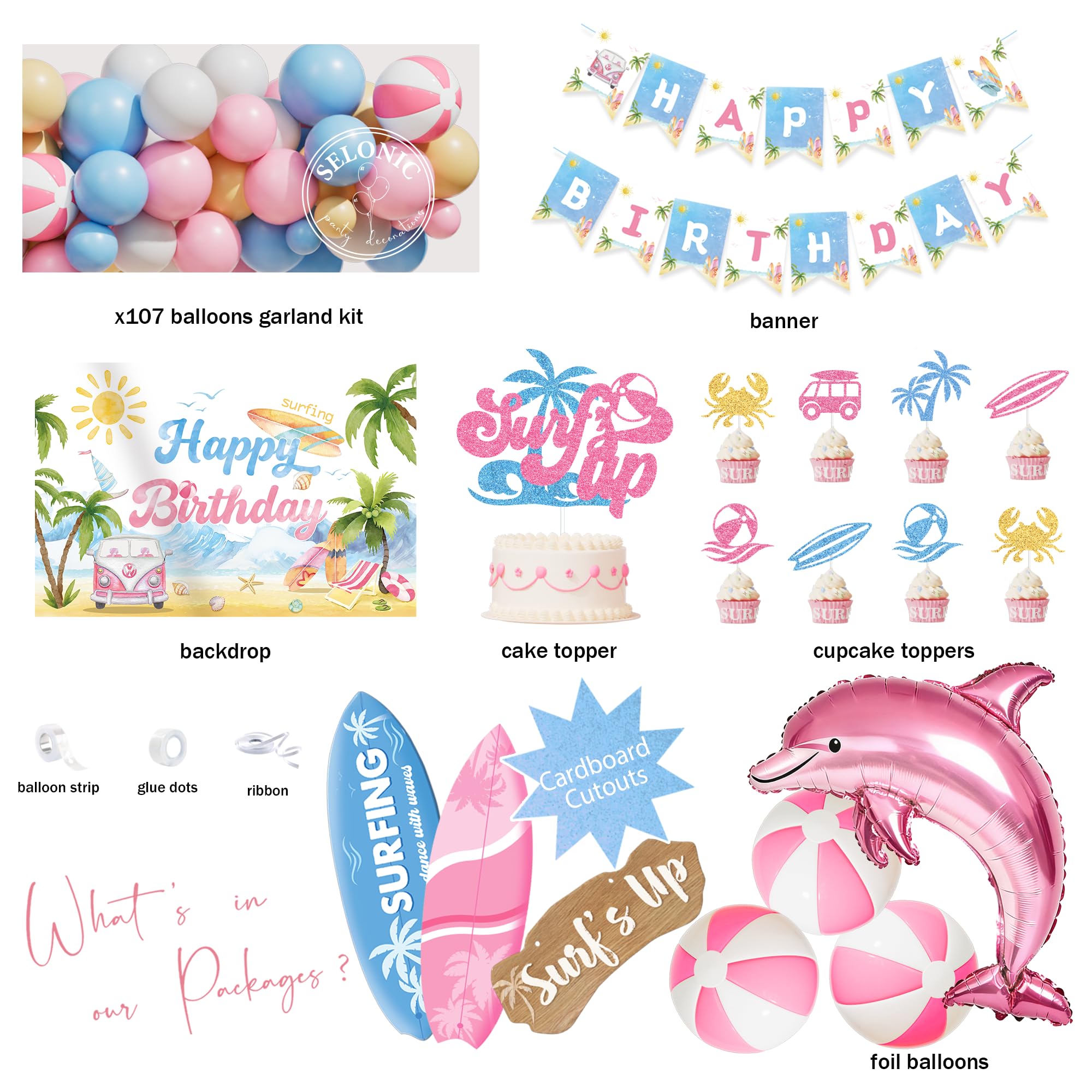 Decoraciones de fiesta de cumpleaños de surf, decoraciones de fiesta de cumpleaños en la playa para niñas, suministros de cumpleaños de olas hawaianas de verano, guirnalda de globos, tabla de surf