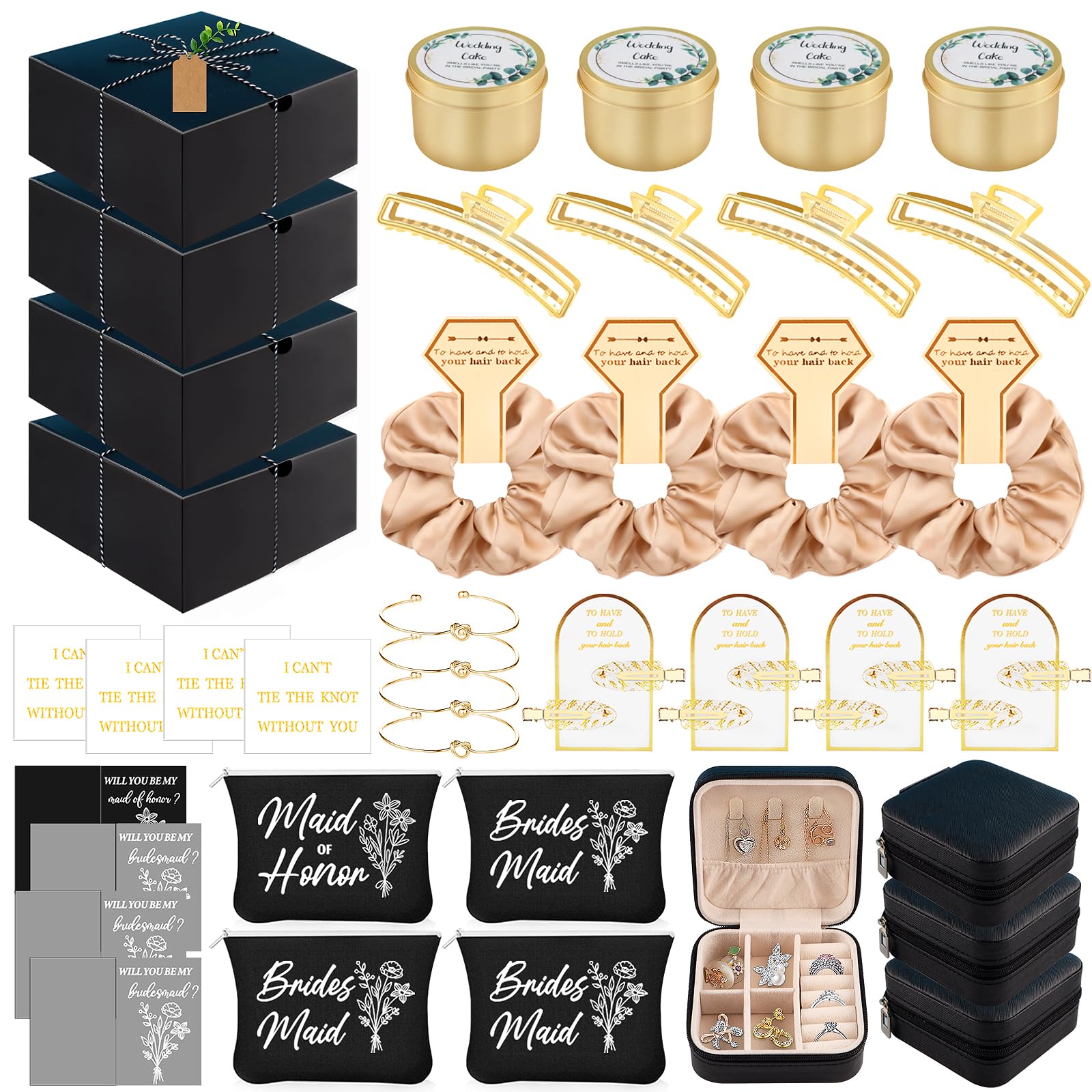CITYCHALET 36-teiliges Brautjungfer-Geschenk-Set, Schwarz, 4 Stück