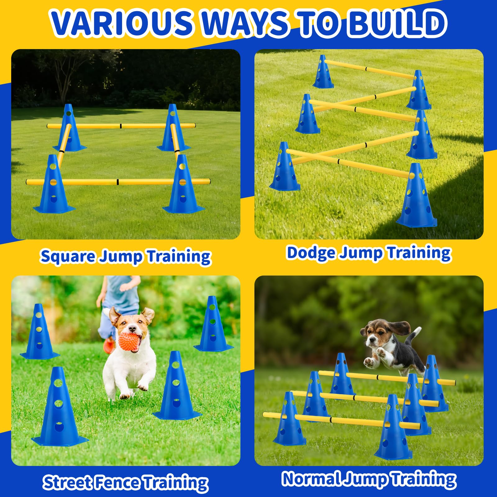 Agility Set per Cani Ostacoli per Bambini, Ostacoli per Cani con 8 Coni 32cm di Altezza + 8 Aste Lunghe 80cm, Set di Siepi Agility, per Cane Il Lavoro di Coordinamento