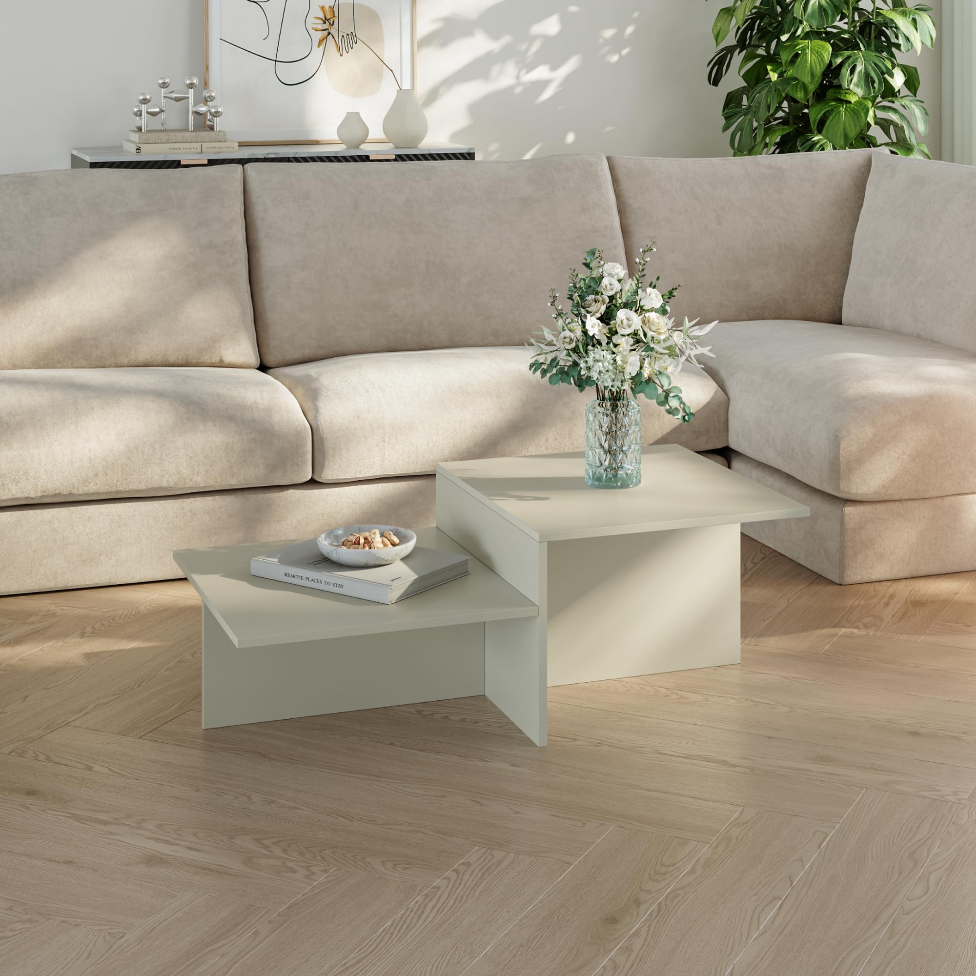 [en.casa] Tavolino Centrale da Salotto Tavolo Basso Moderno a Doppio Livello Tavolino da caffè per Soggiorno Area Living 100x55x35 cm Color Avena Oatmeal