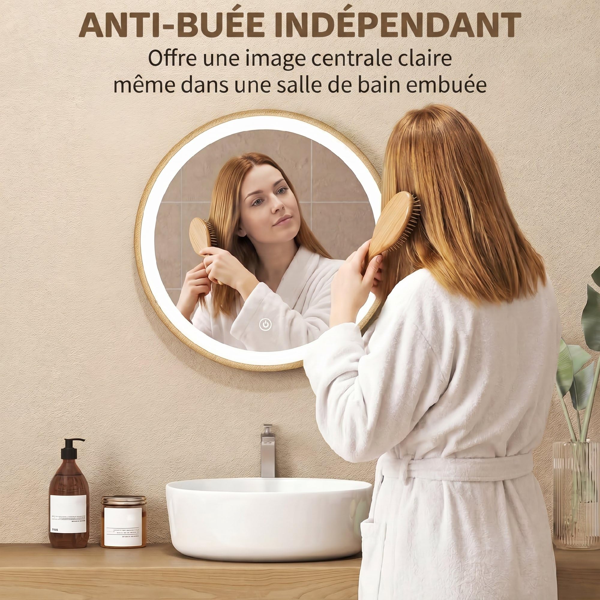 HOMCOM Miroir Salle de Bain avec éclairage LED Rond 40 cm, Miroir Lumineux Mural à 3 températures de Couleur, luminosité réglable, Interrupteur Tactile, doré
