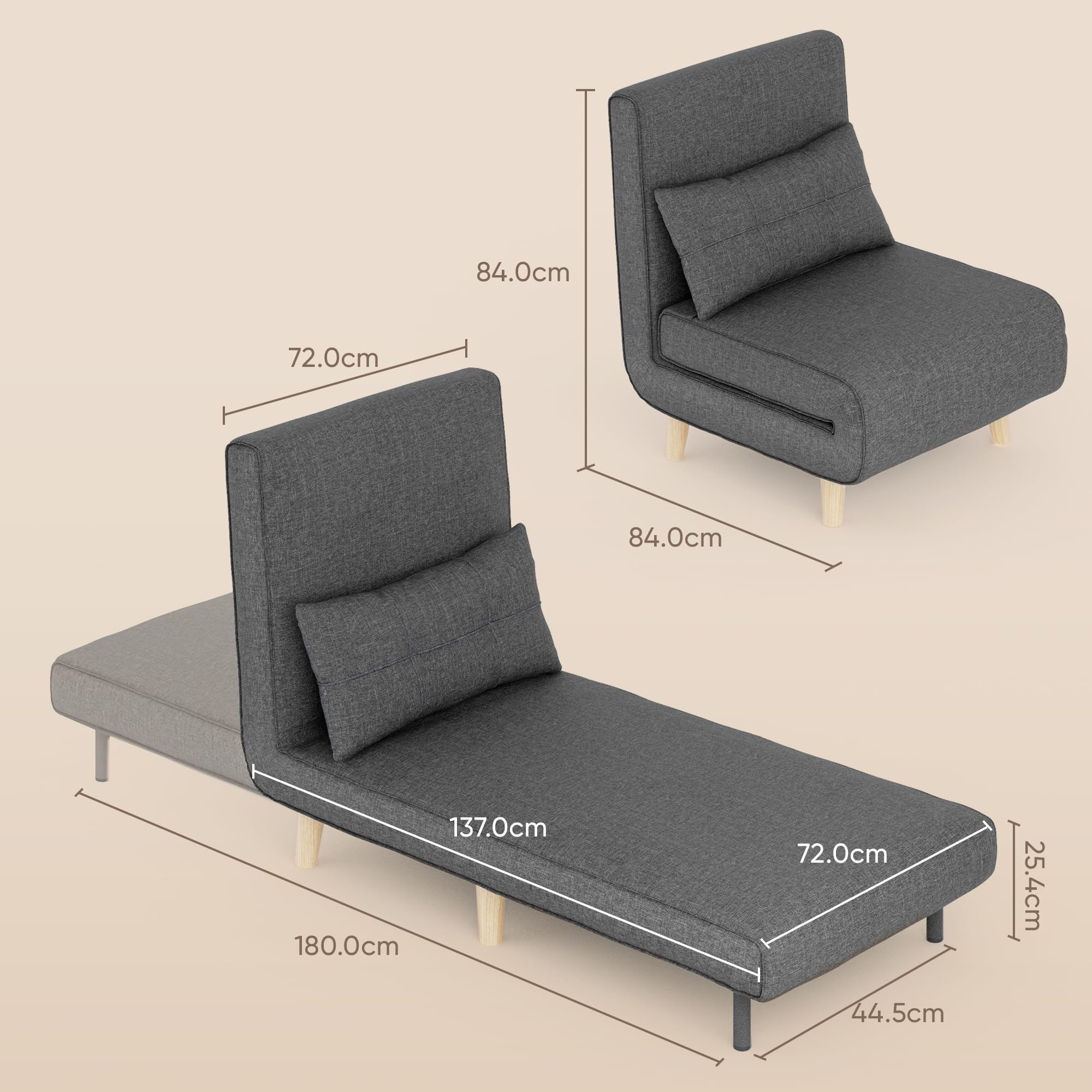 Bealife Fauteuil Convertible 1 Place, Fauteuil-lit chauffeuse 3 en 1, Chauffeuse Canapé-lit avec Dossier réglable 5 Positions, pour Salon, Chambre, Bureau, Gris Foncé