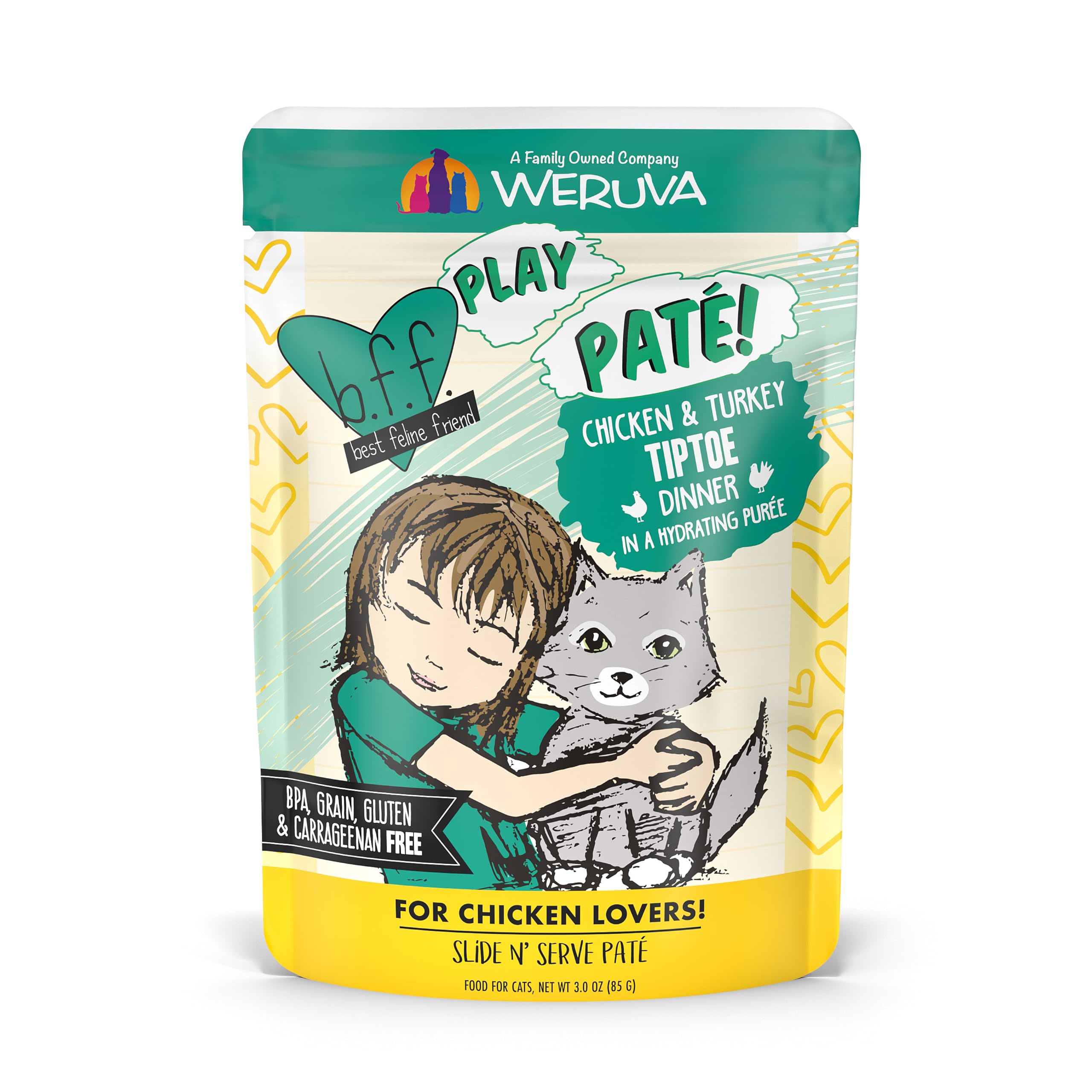 B.F.F. PLAY - Best Feline Friend Paté Lovers, Aw Yeah!, Chicken & Turkey Tiptoe with Chicken & Turkey, 3oz Pouch (Pack of 12)