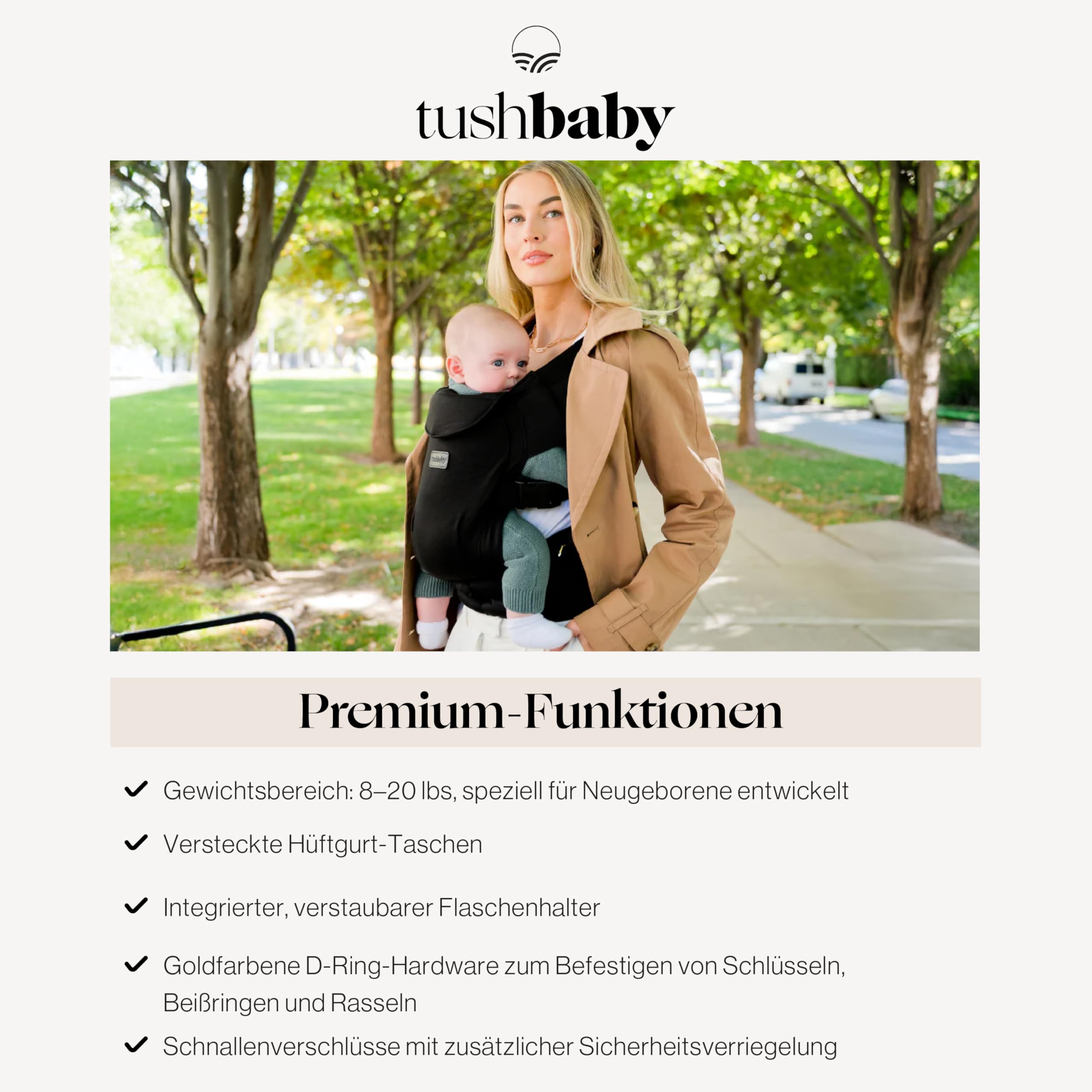 Tushbaby Pearl Babytrage für Neugeborene ab Geburt, 3,6-9 kg, Schwarz | Ergonomische Trage für Baby und Neugeborenes mit Stauraum, Flaschenhalter und Tuchbefestigung, verstellbare Gurte