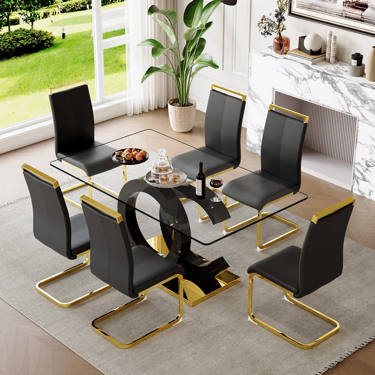 ダイニングテーブル Amazon.com - 63'' Glass Dining Table Set for 6, Kitchen Table