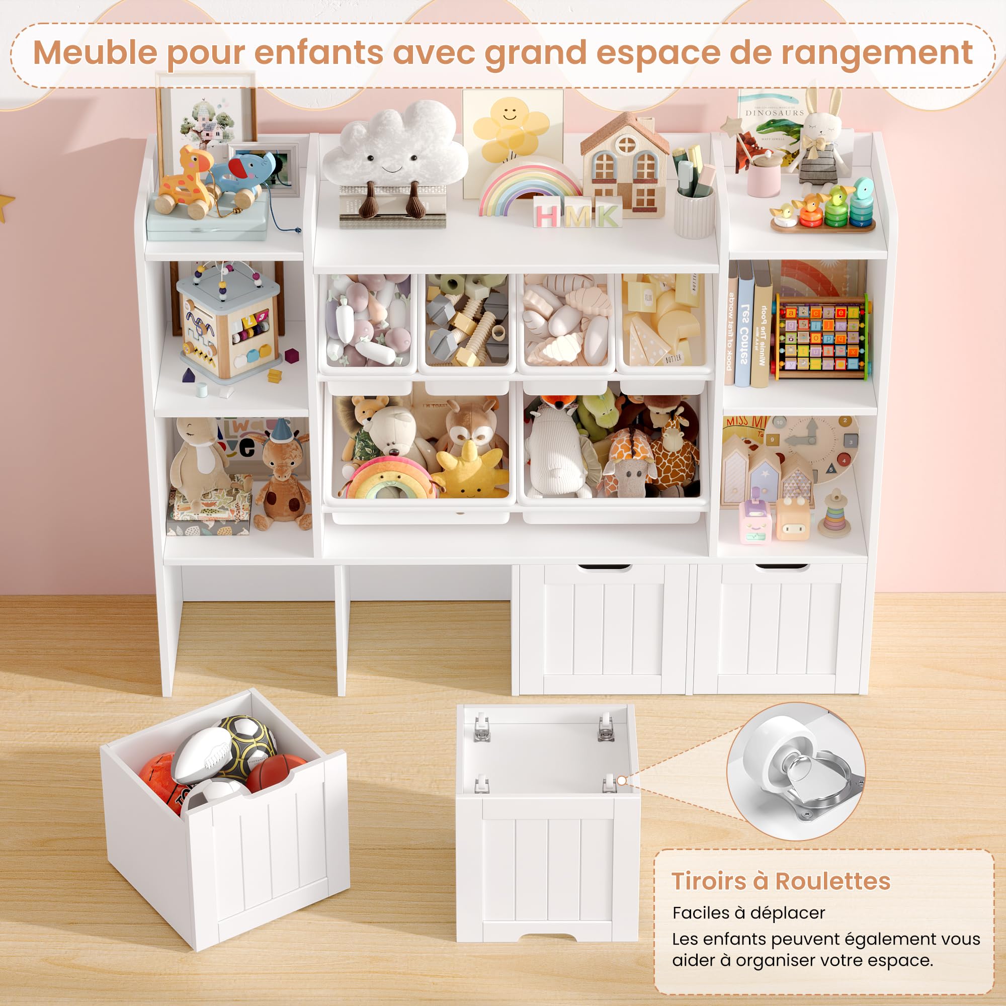 FOREHILL 140cm Meuble Rangement Enfant Bibliothèque Enfant avec 7 Étagères 6 Boîtes Amovibles 4 Tiroirs Roulants Rangement Jouet pour Chambre d’Enfants Salle de Jeu 140x30x106cm Blanc