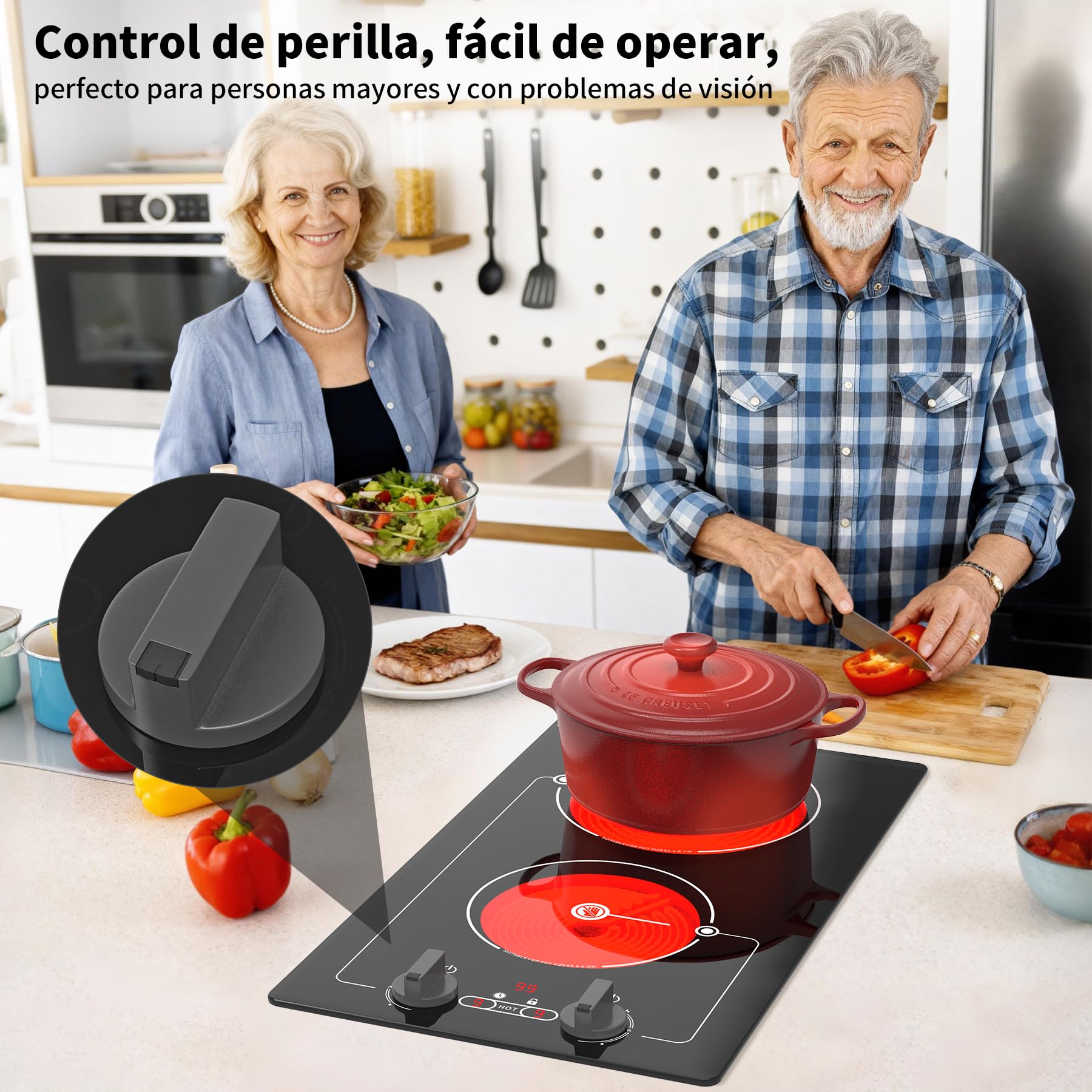 VBGK vitro portatil 2 fuegos, 220V 3000W placa vitroceramica con botón de control, 9 niveles, bloqueo y temporizador para niños