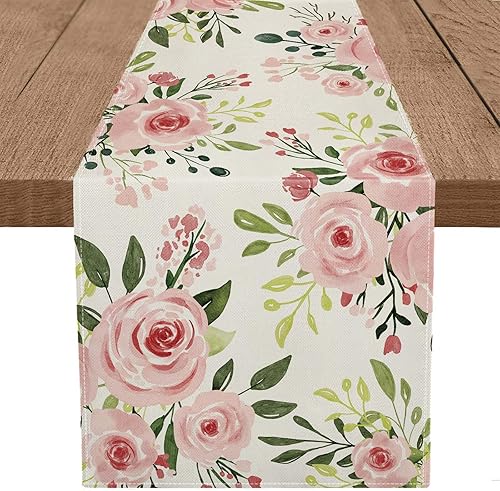 Camino de mesa de primavera con flores rosas florales de arpillera para decoración de vacaciones de verano temporada para el hogar decoración de