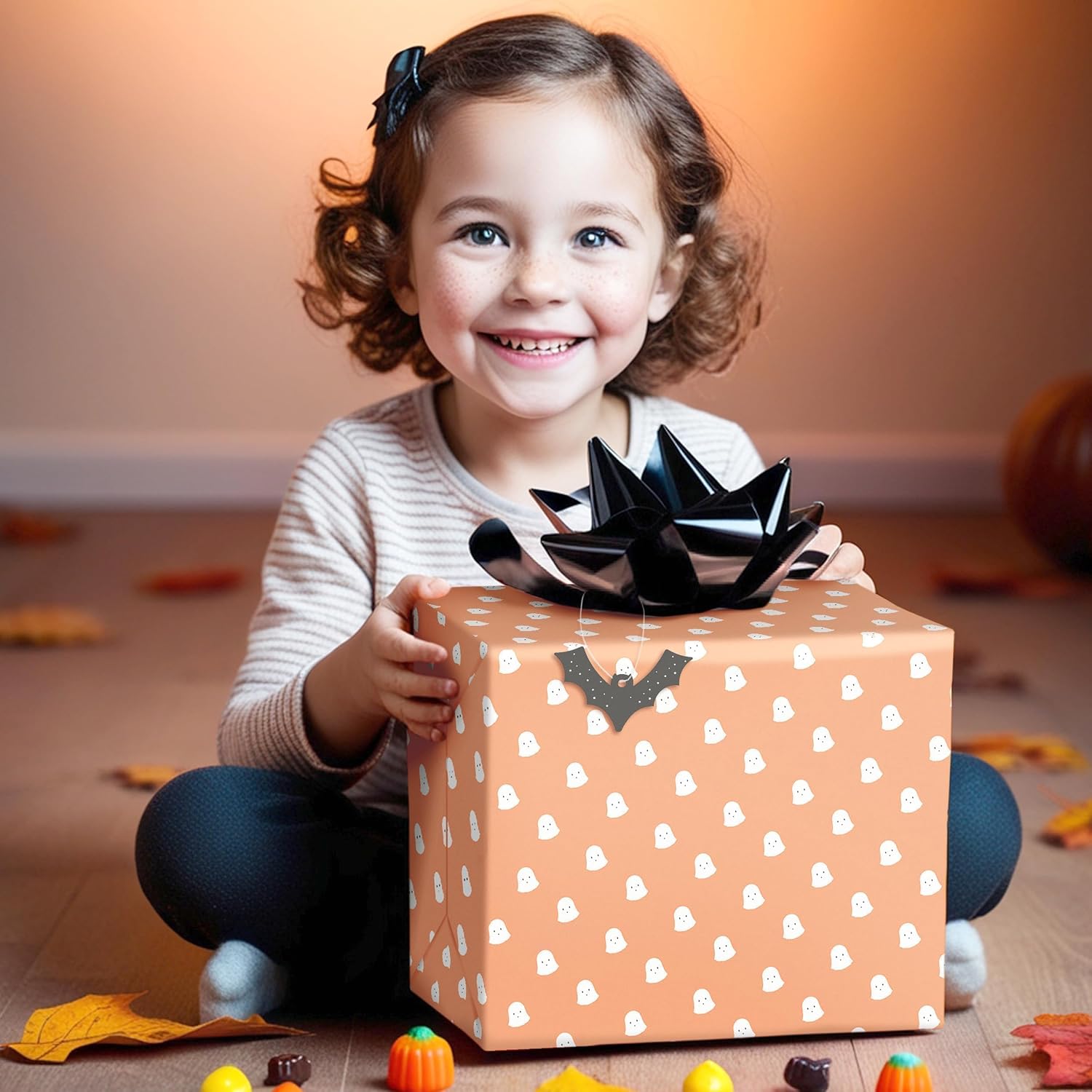 Cheerland Halloween Wrapping Paper Cute Ghost Gift Wrap Pumpkin Cat Bat Trick or Treat Gift Summerween for Kids Spooky Birthday Baby Shower Holiday Classroom Pastel Halloween Party Decoration Supplies image 5